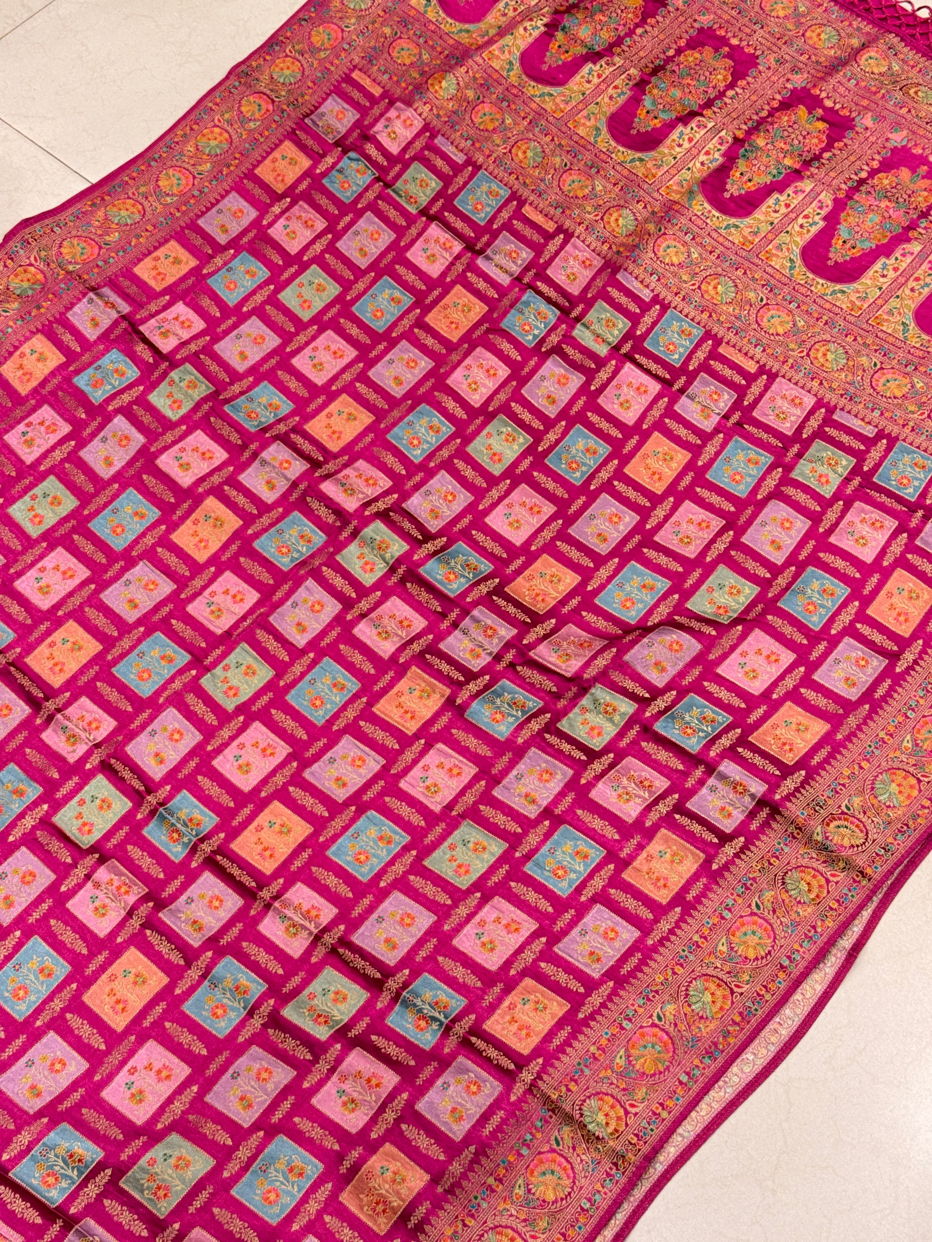 Raspberry Box Check Banarasi Modal Satin Rangkat Saree