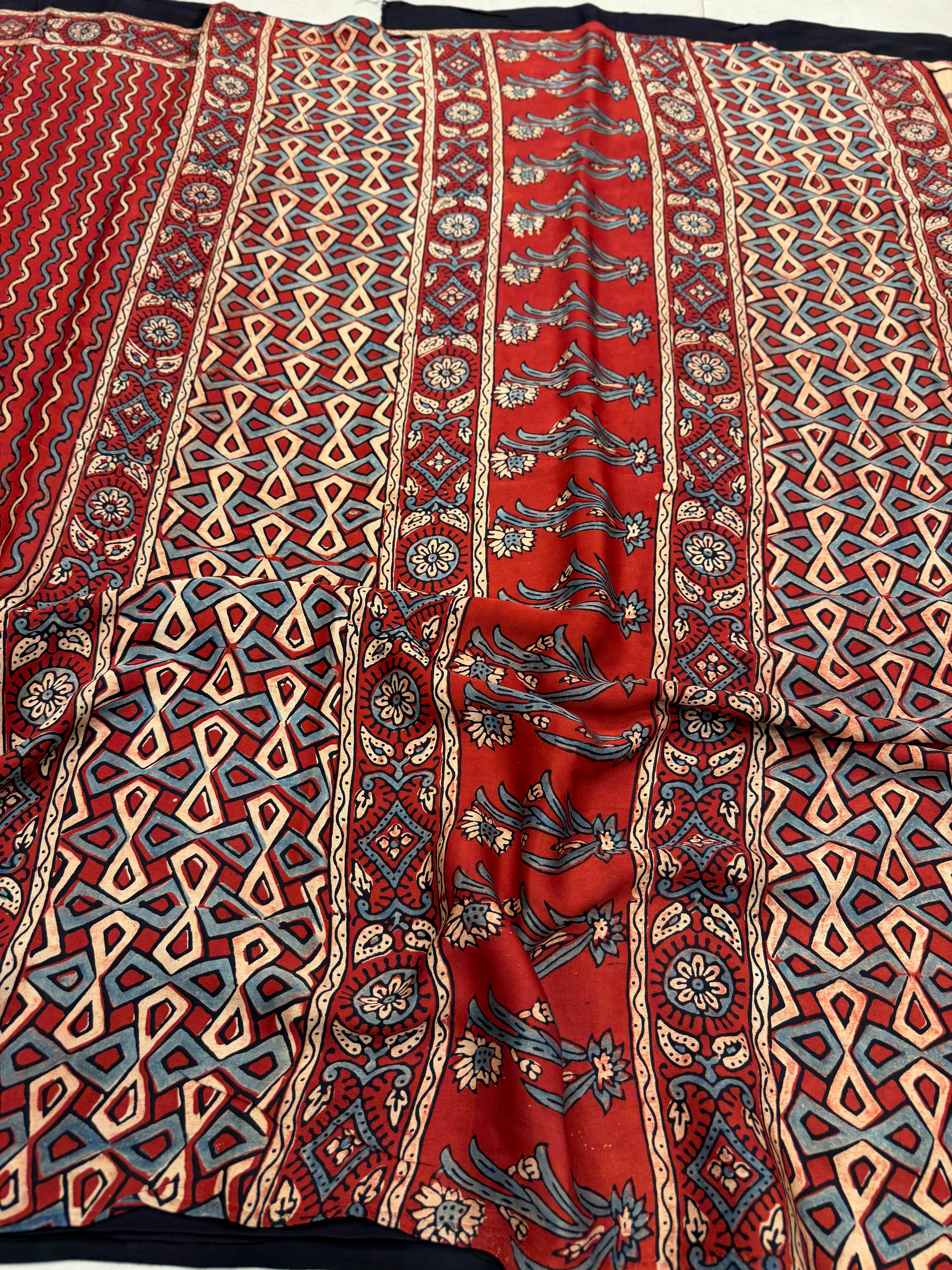 Red Squiggly Lines Ajrakh Hand Block Print Pure Modal Silk Saree