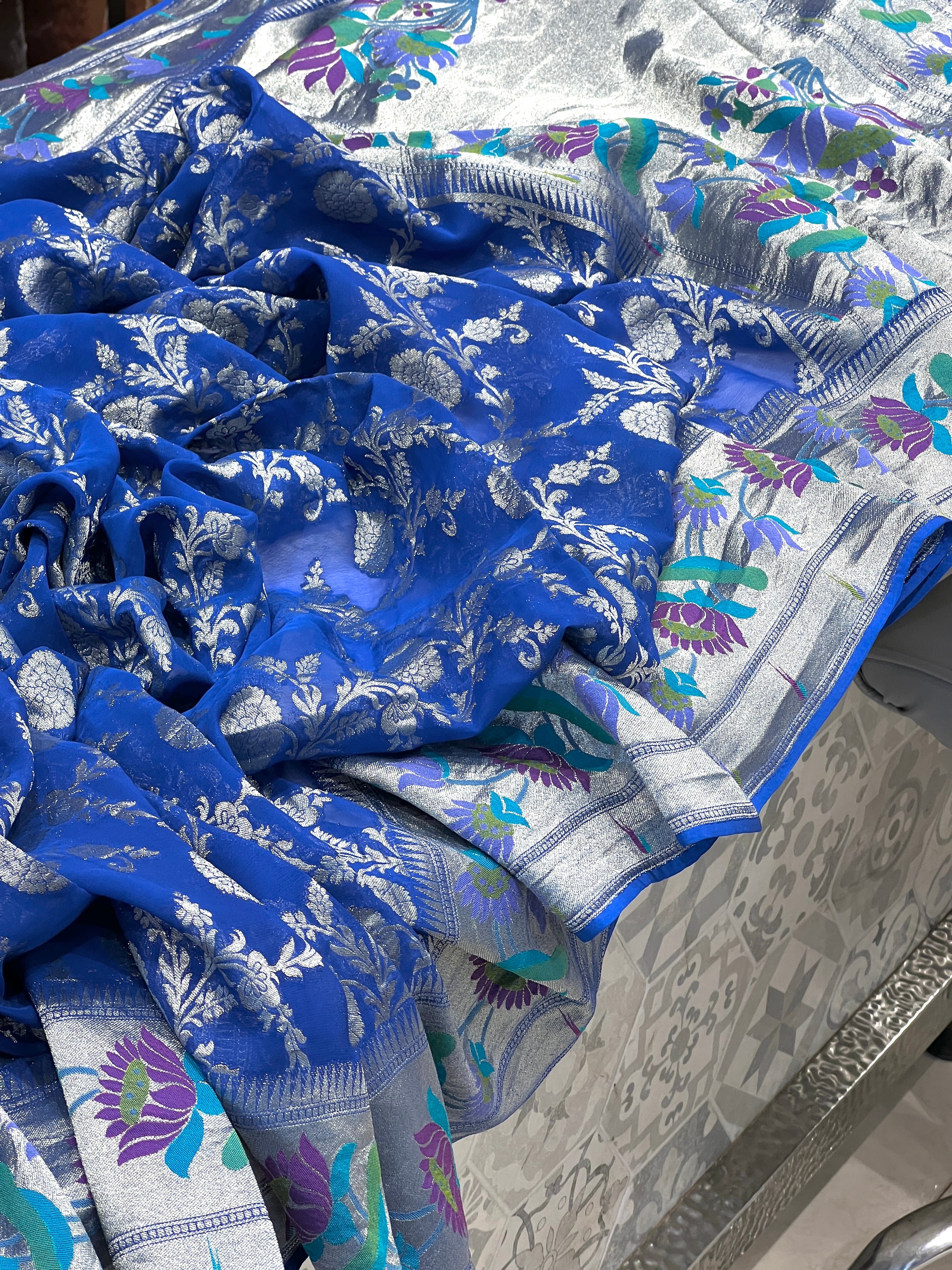 Blue Georgette Paithani Saree