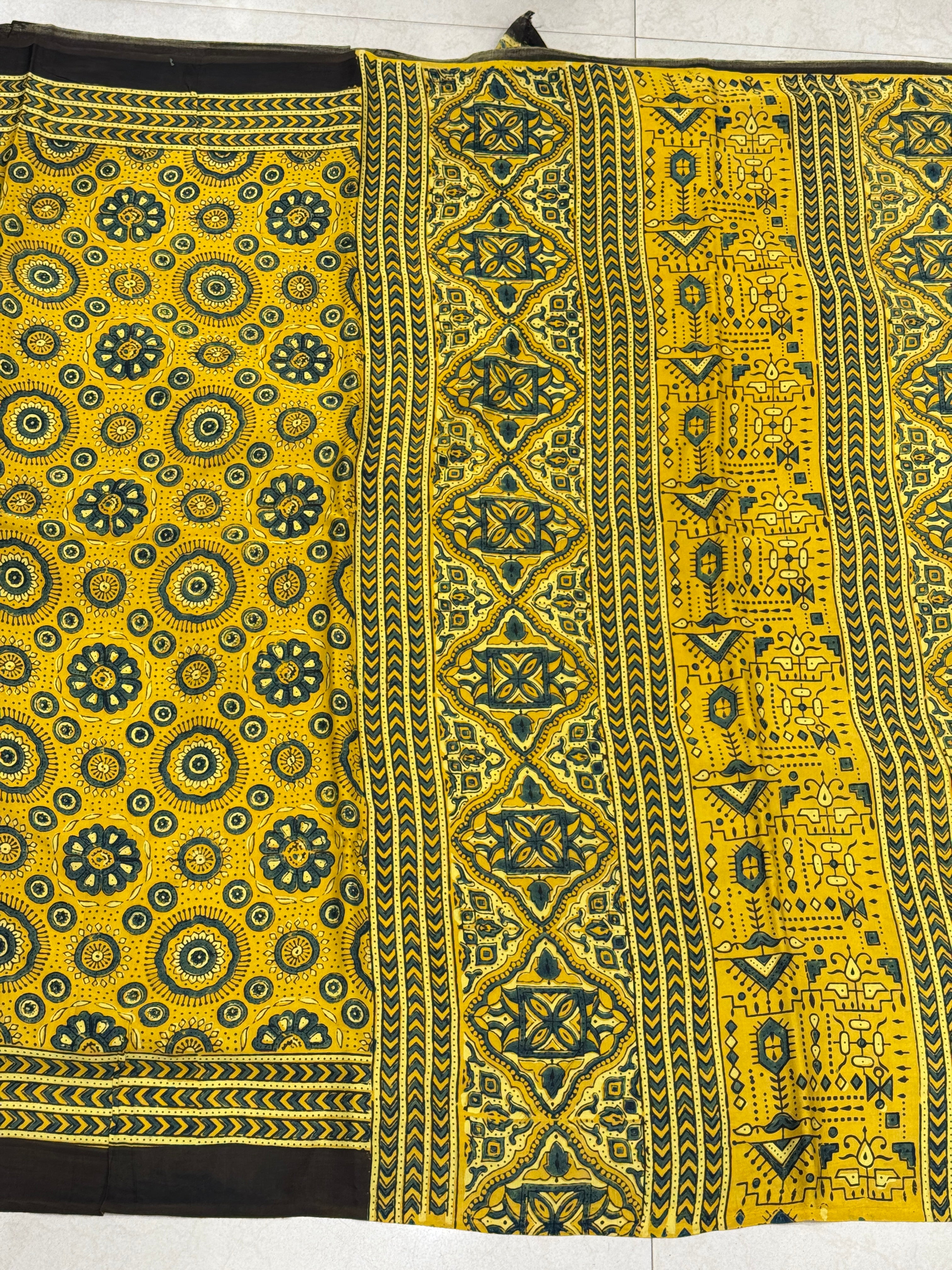 Yellow Floral Butta Pattern Ajrakh Hand Block Print Pure Gajji Silk Saree