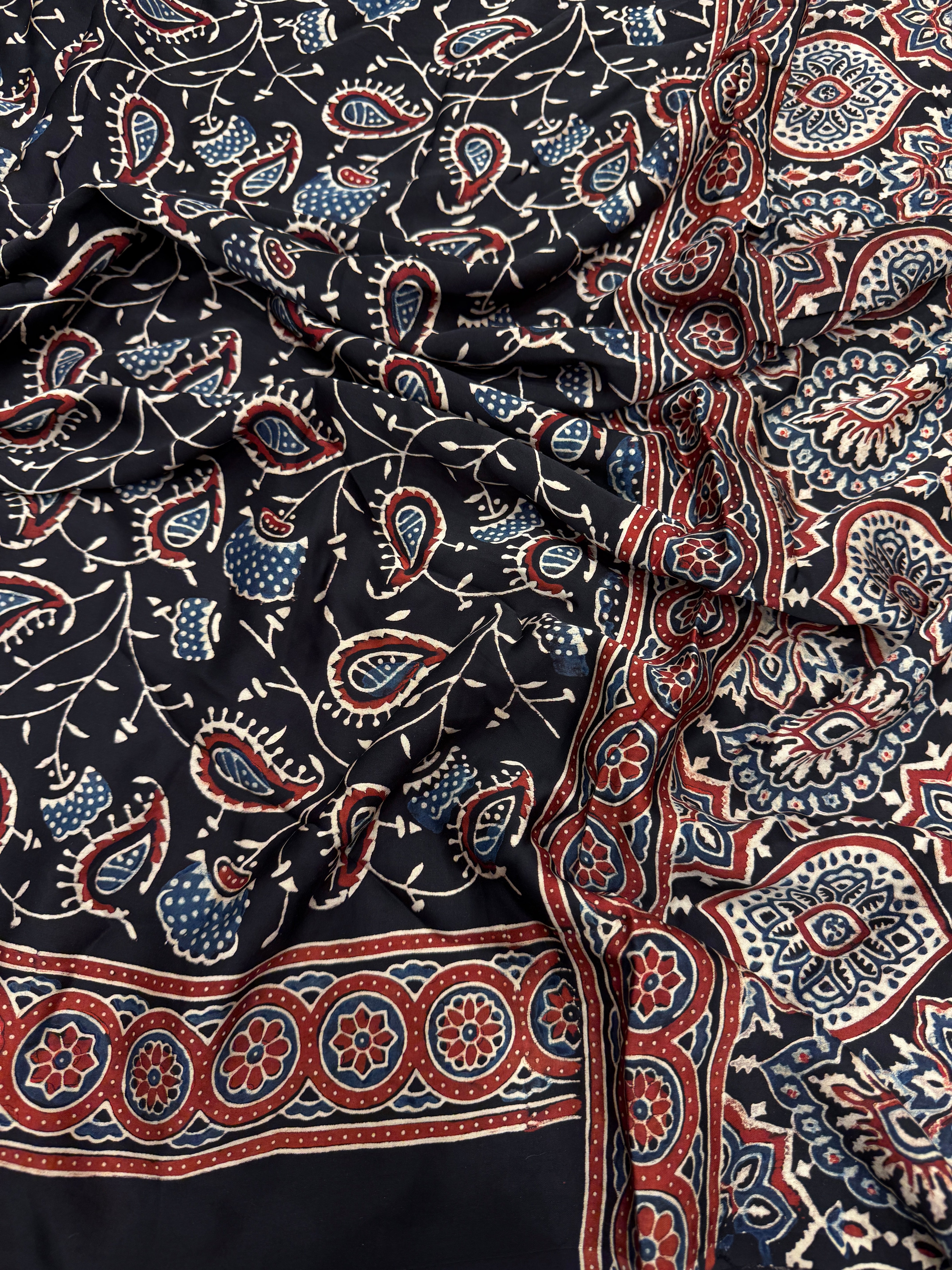 Black Keari Jaal Ajrakh Hand Block Print Pure Gajji Silk Saree