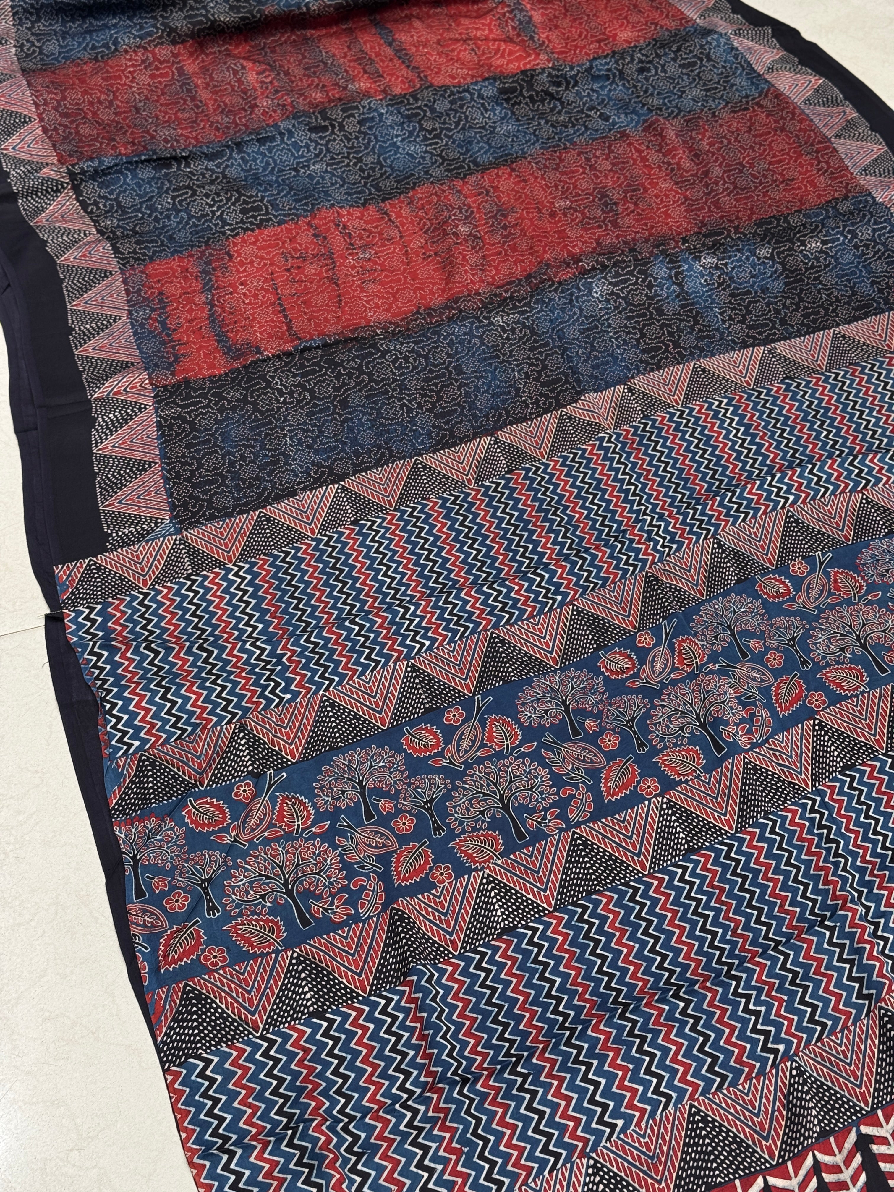 Red Contemporary Bandhej Style Hand Block Print Ajrkah Pure Gajji Silk Saree