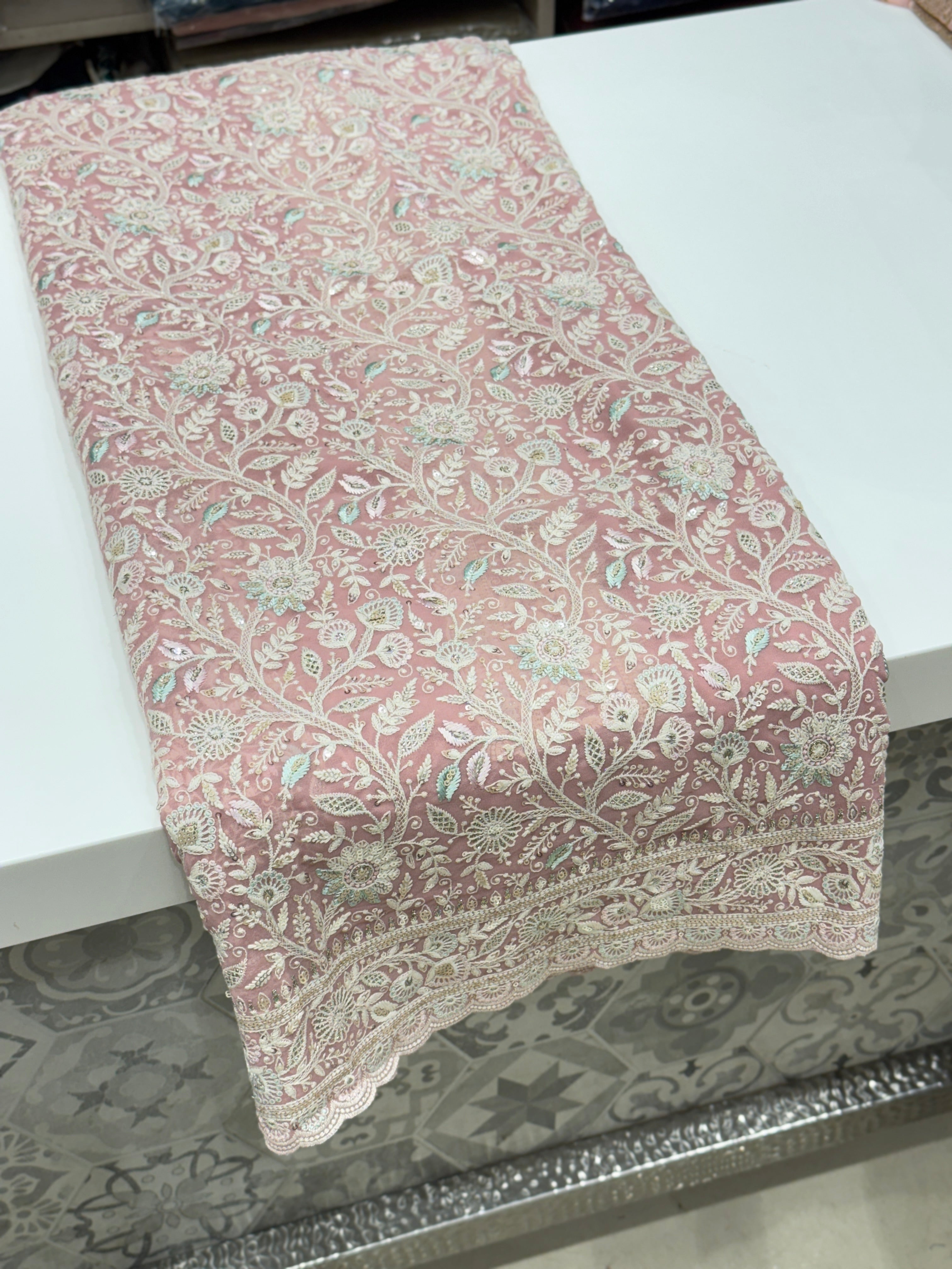 Pink Meenakari Chikankari Scallop Design Saree
