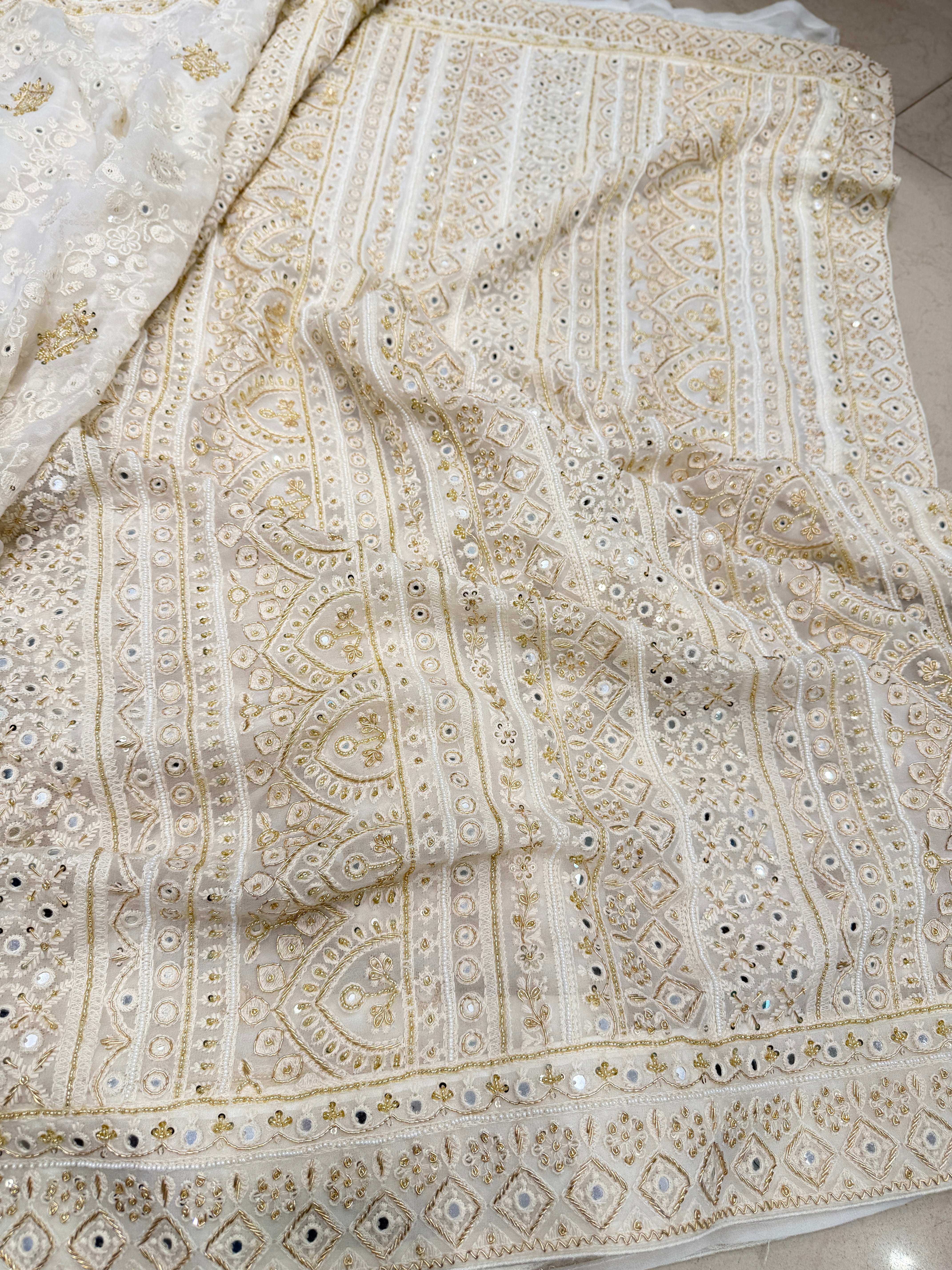 White Chikankari Zardosi Moti Hand Embroidery Saree