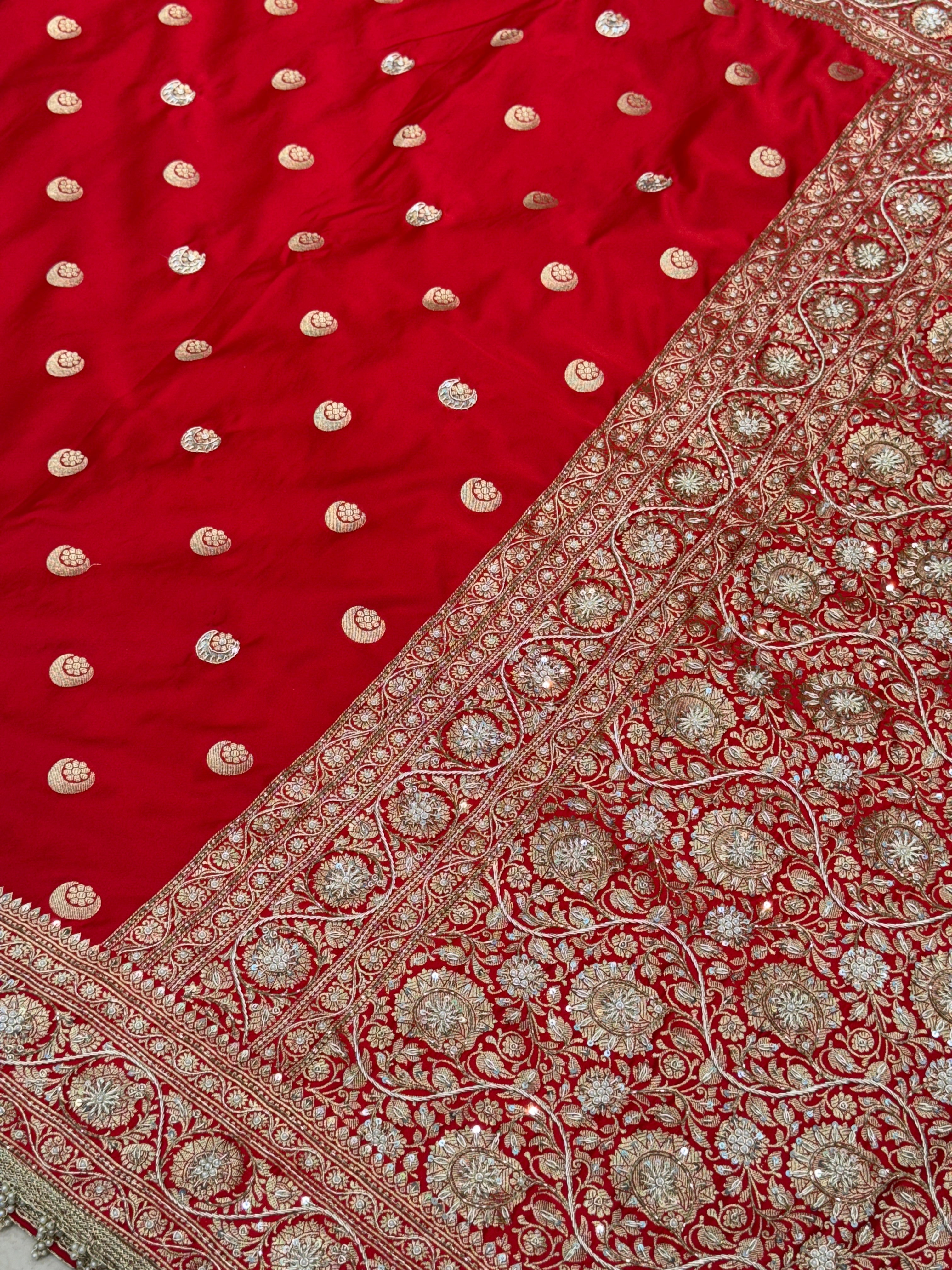 Red Banarasi Chand Buttis Zardosi Hand Embroidery Saree