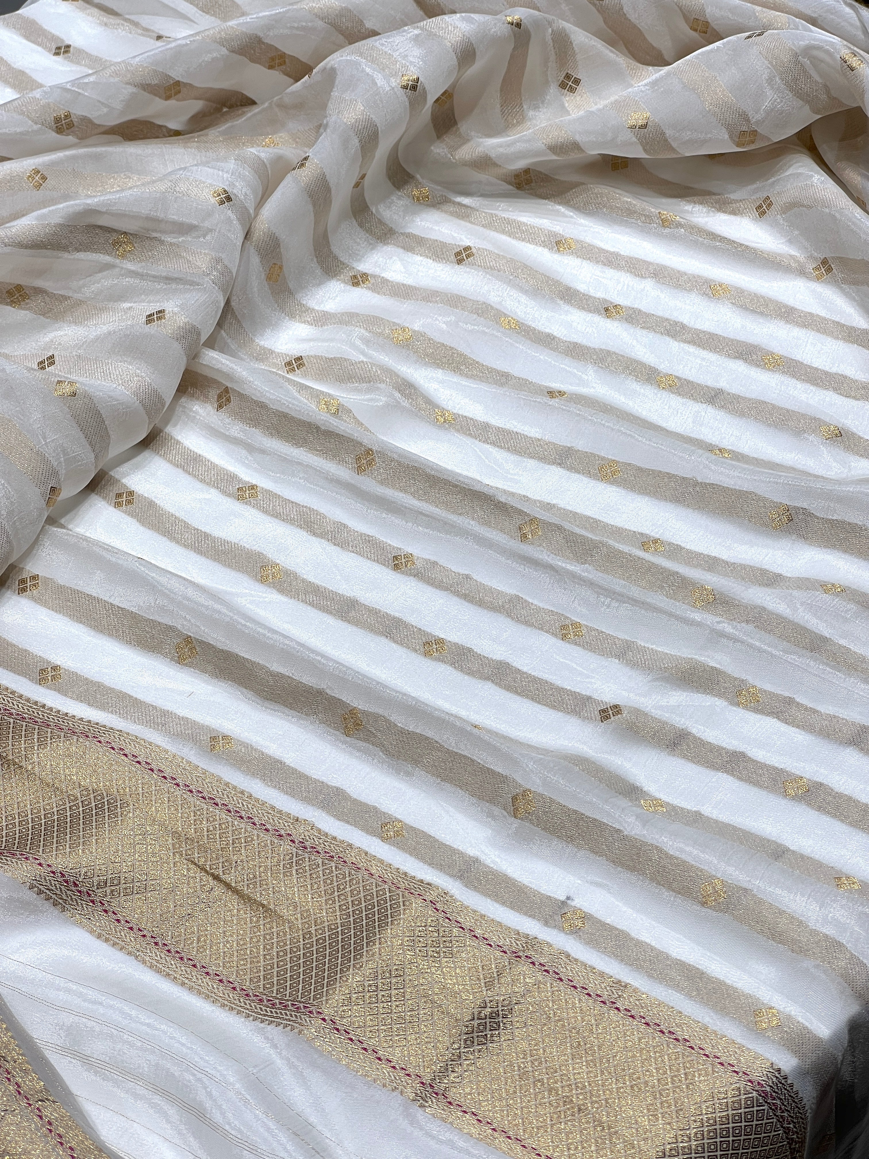 Golden Banarasi Crepe Tissue Silk Criss Cross Saree