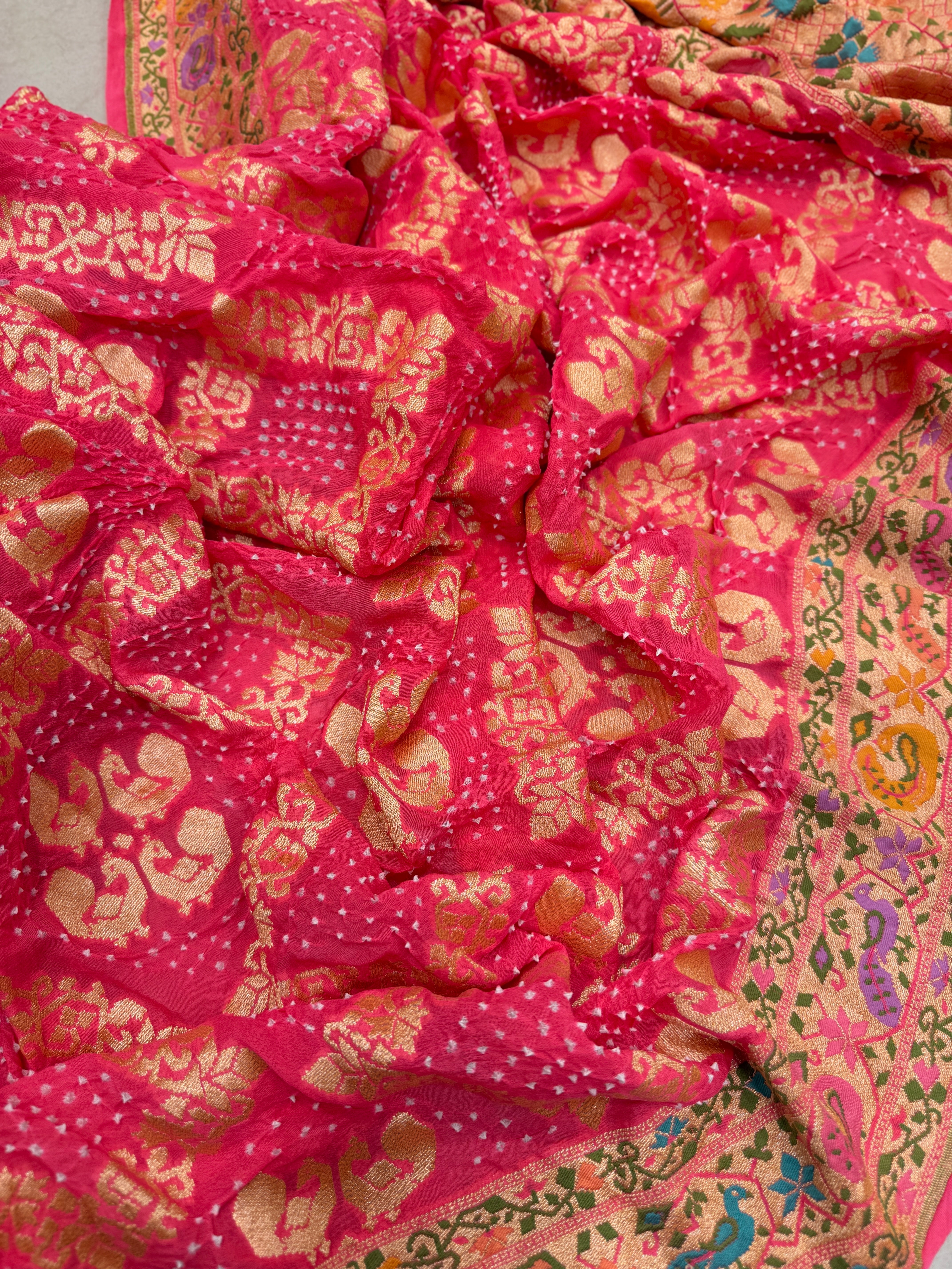 Peach Meenakari Rai Peacock Parrot Theme Bandhej Saree