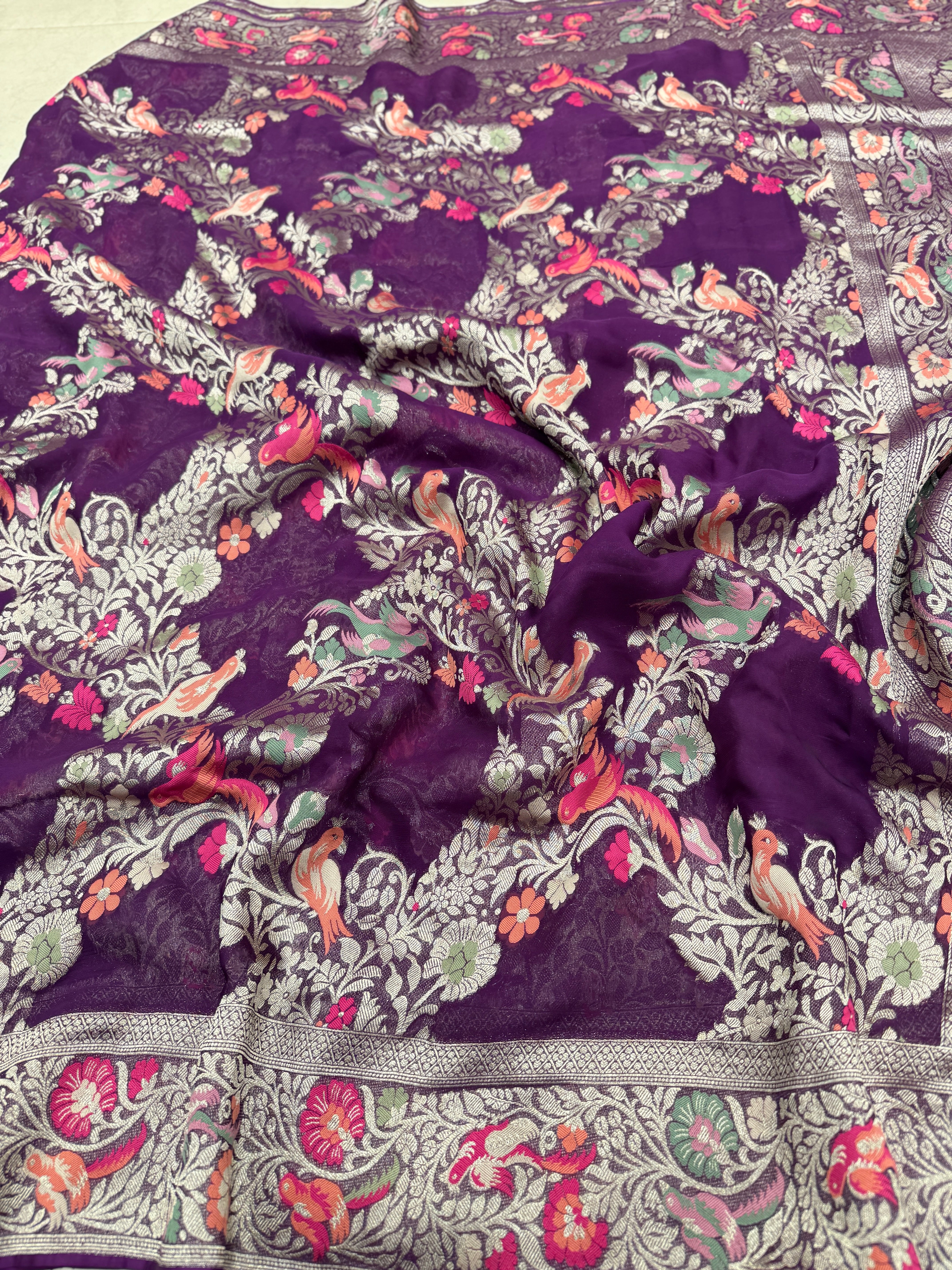 Purple Georgette Criss Cross Birds Theme Saree