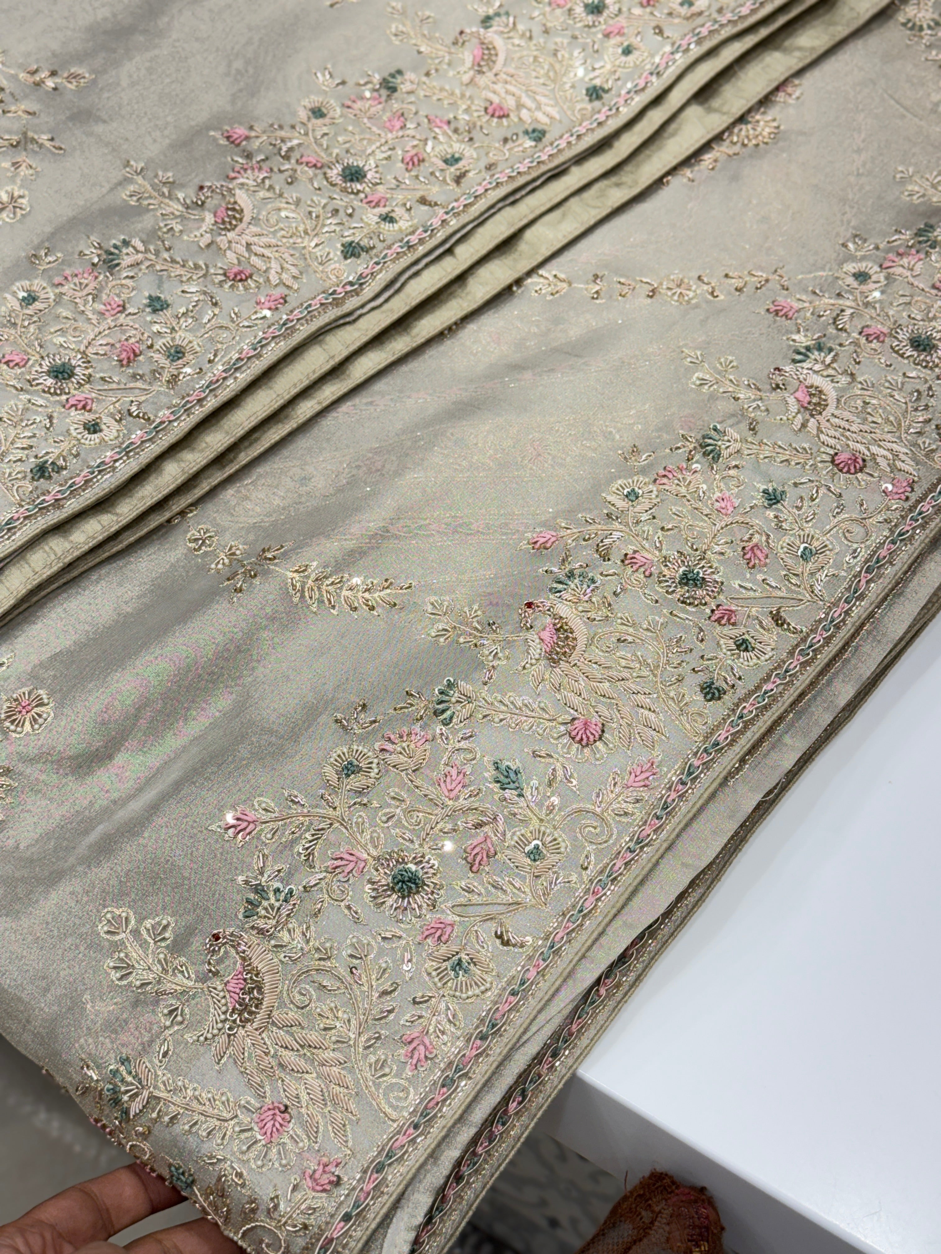 Silver Tissue Saree Zardosi Jaal Hand Embroidery Contrast Blouse