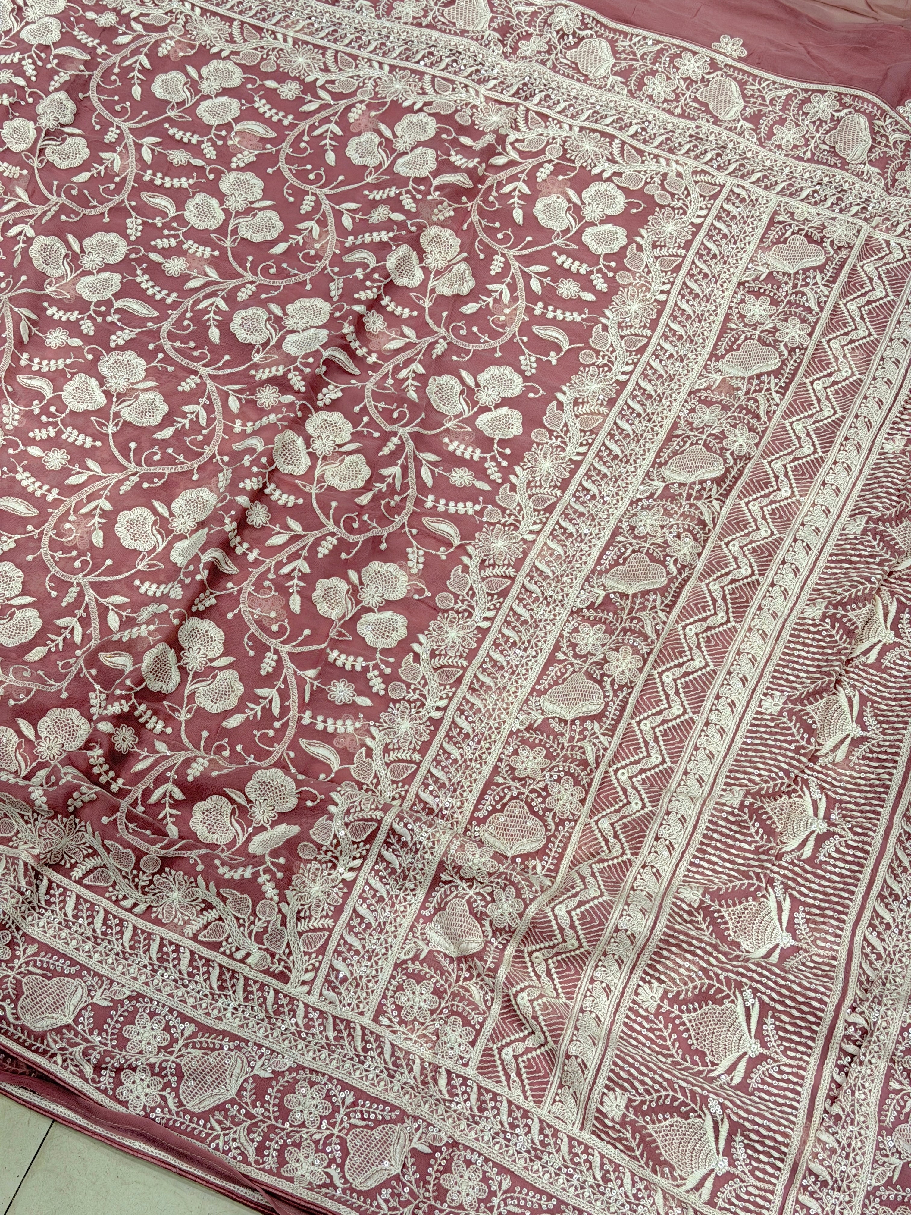 Pink Georgette Chikankari Resham Saree