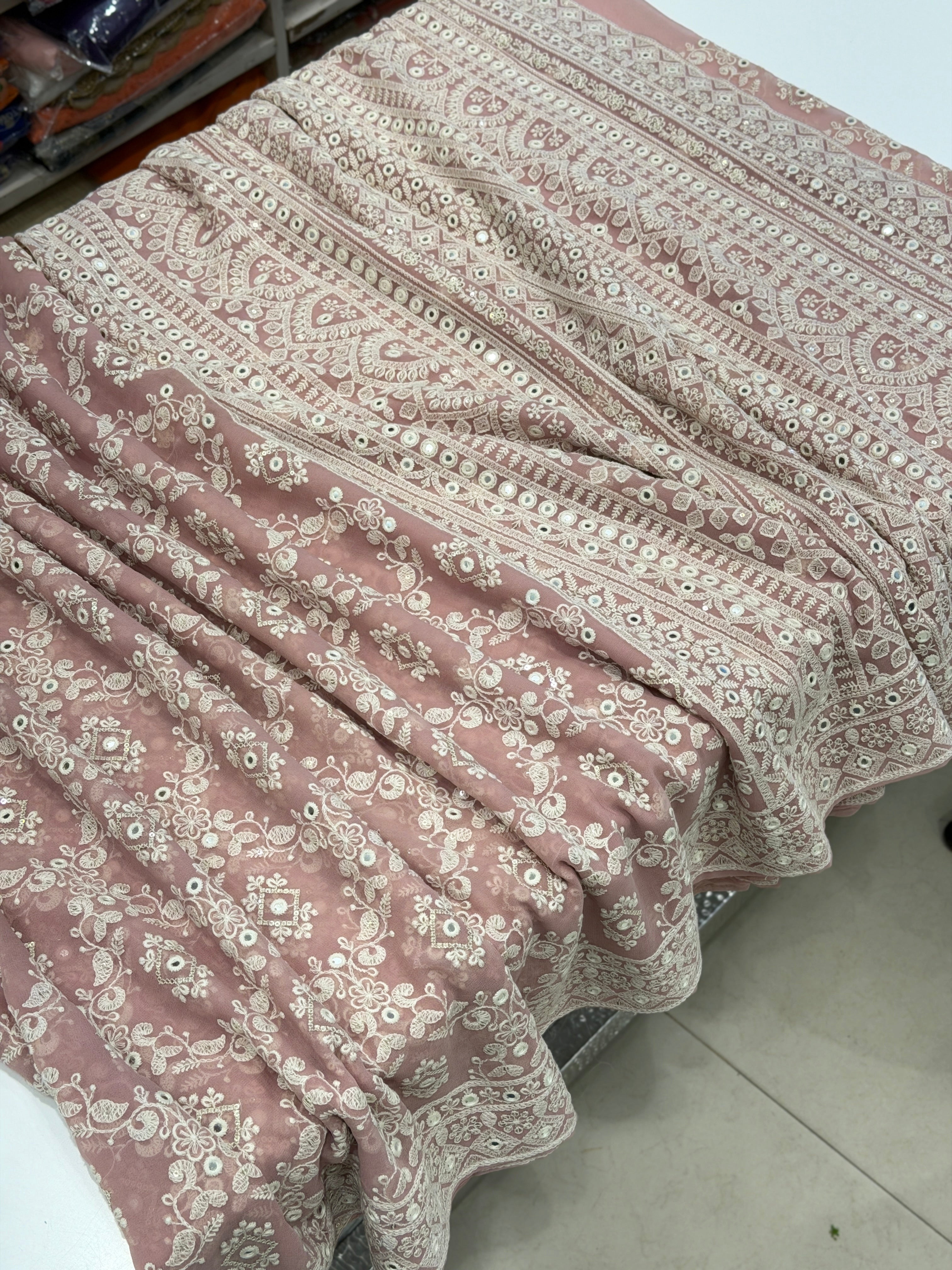 Blush Pink Georgette Chikankari Gota Mirror Resham Saree