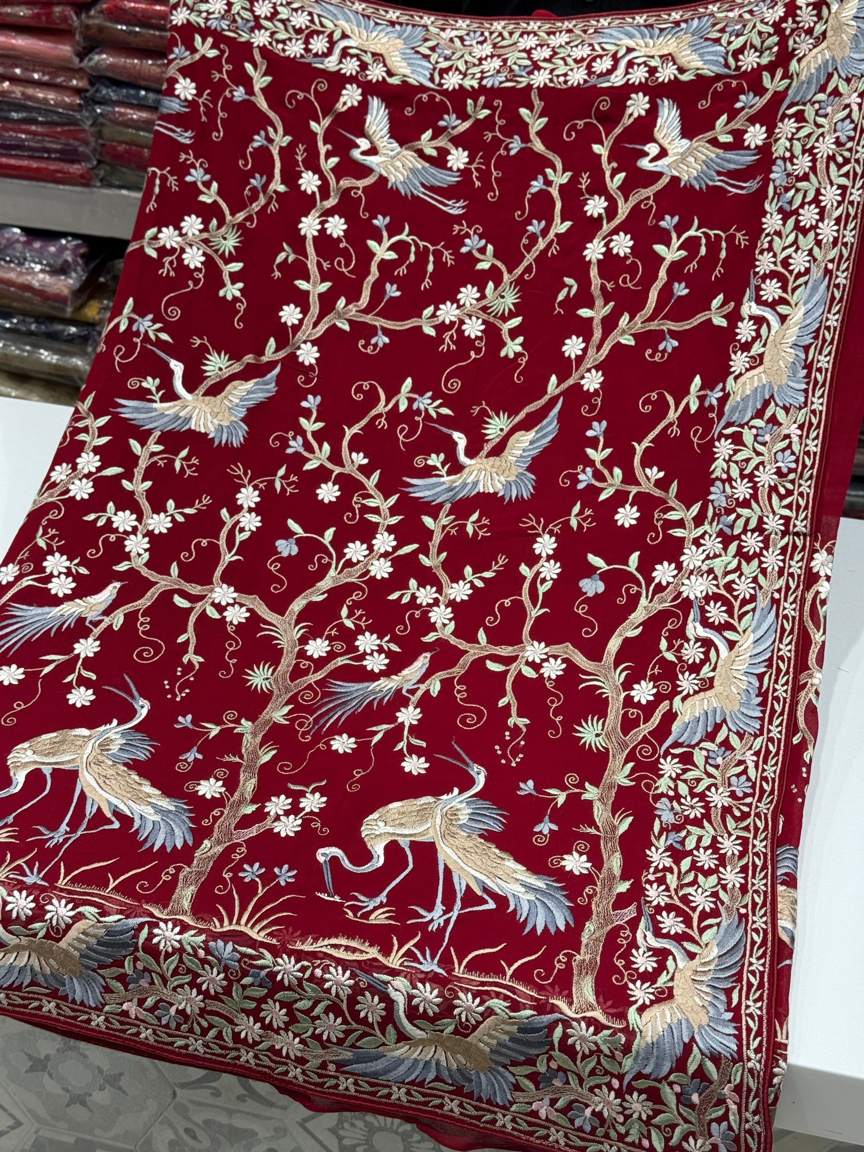 Red Tree Of Life Flamingo Parsi Gara Saree