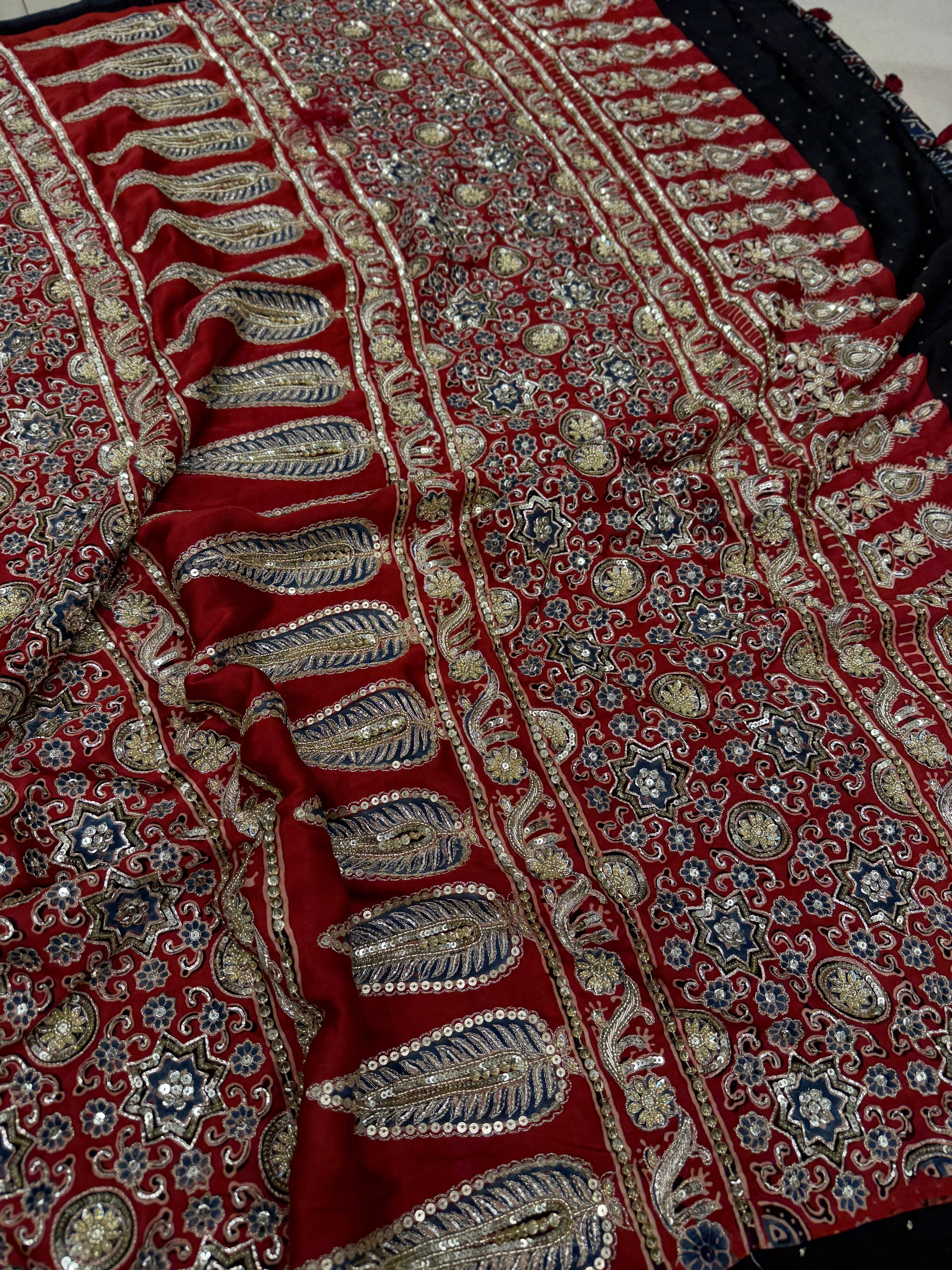 Blue Red Badam Butta Pita Zardosi Sequin Ajrakh Hand Embroidery Saree