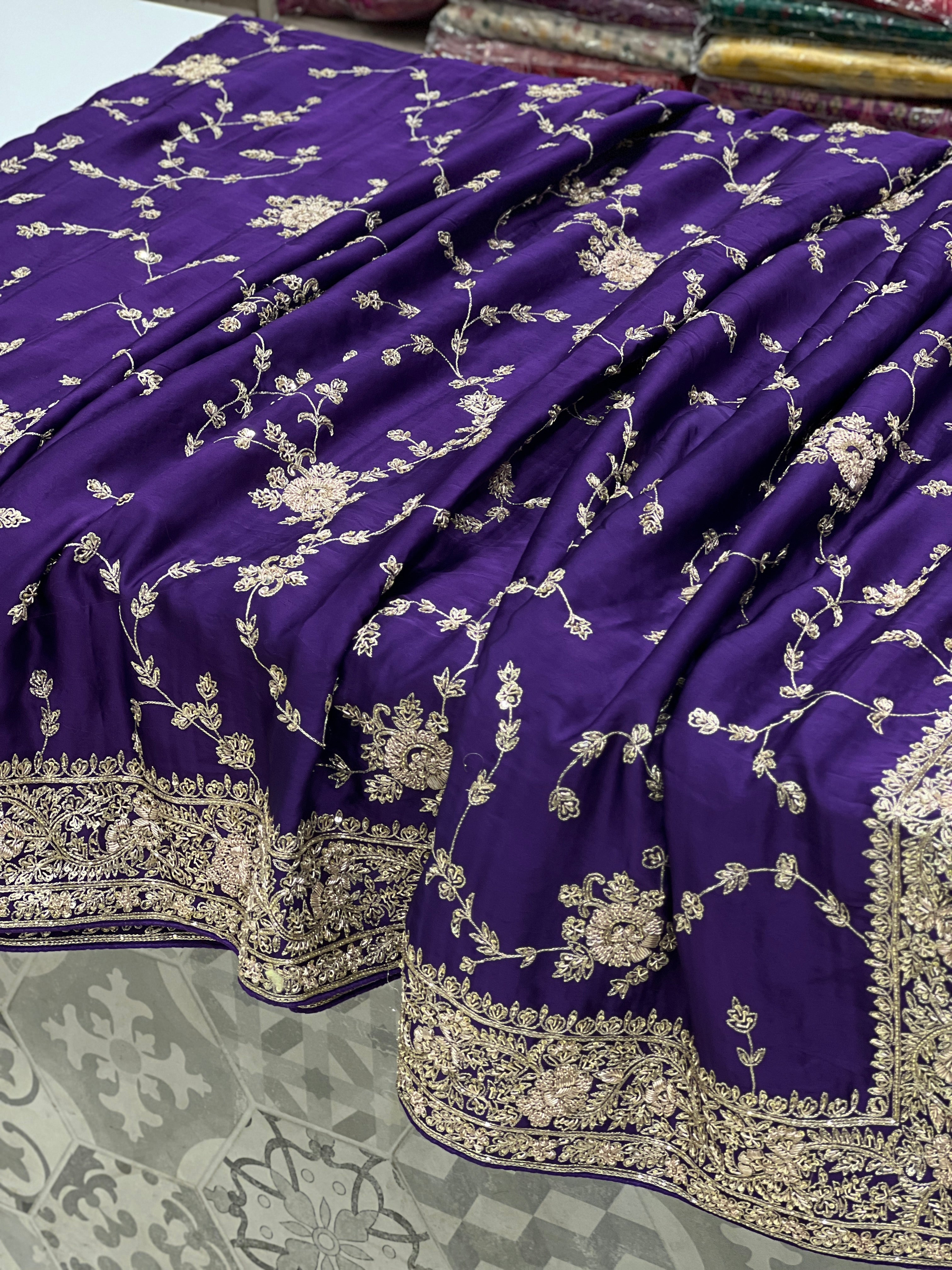Violet Hand Embroidery Jaal Pure Satin Zardosi Embroidery