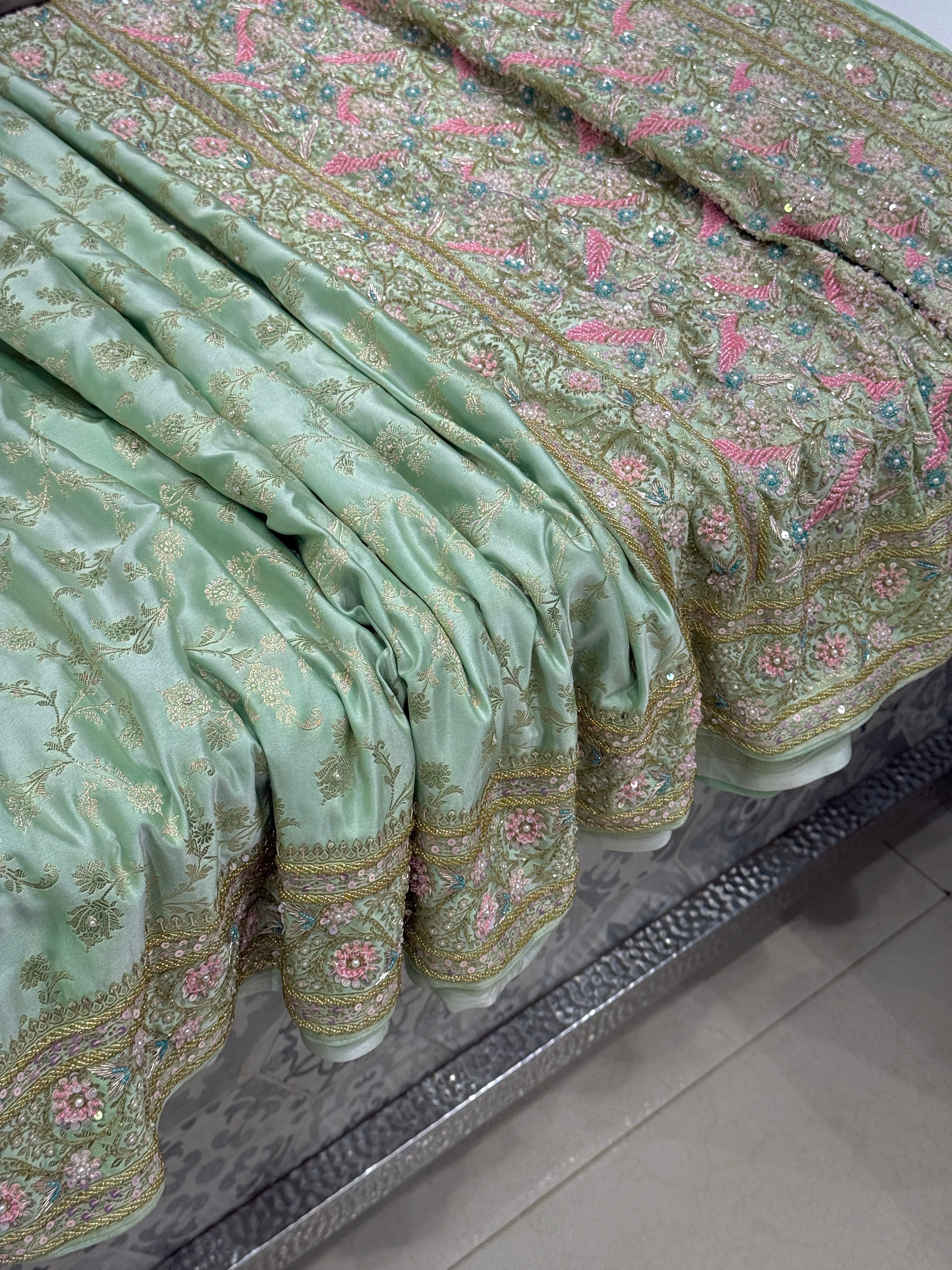 Green Banarasi Upside Down Border Fancy Hand Embroidery Saree