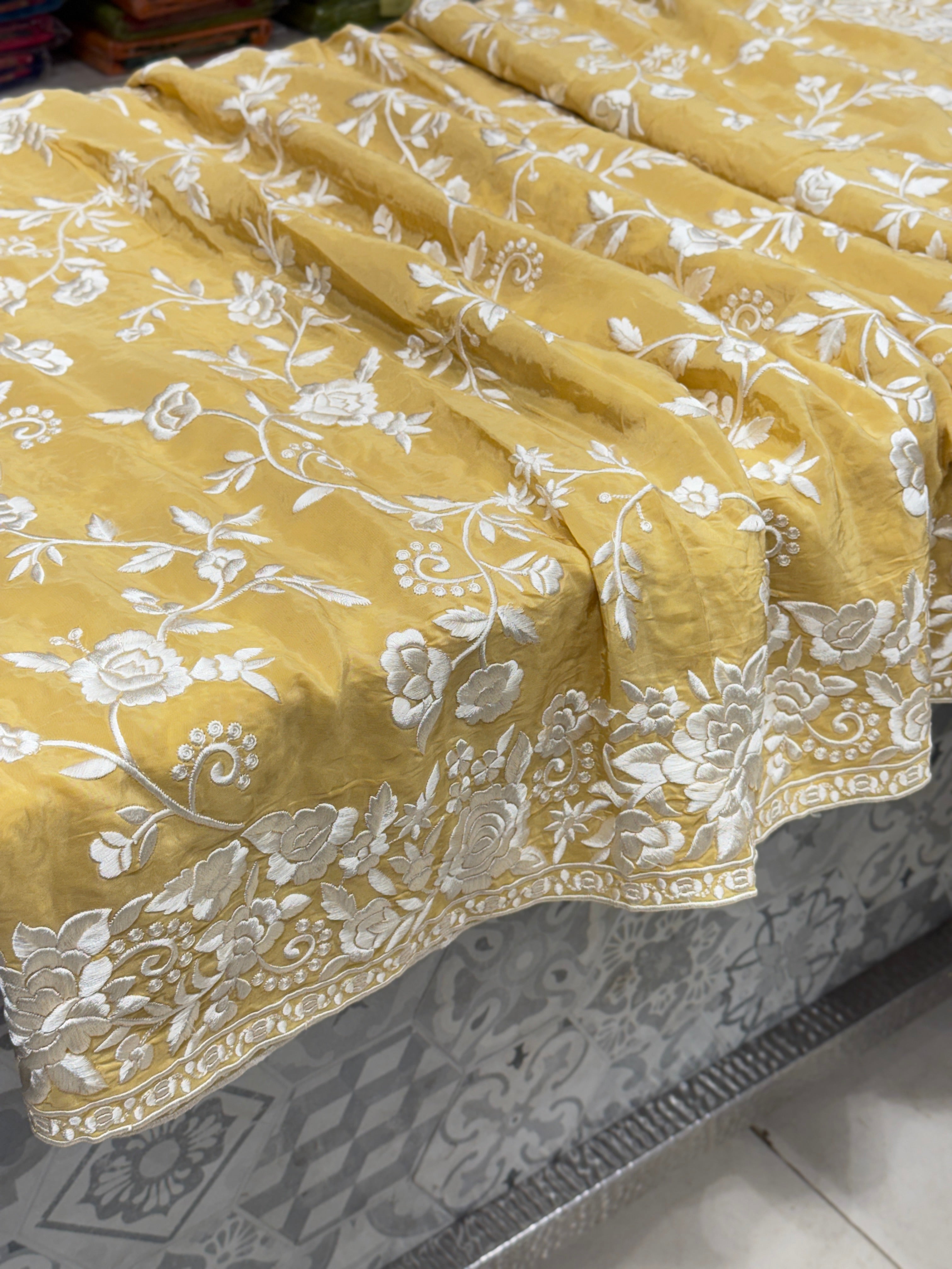 Yellow Crepe Floral Parsi Gara Saree