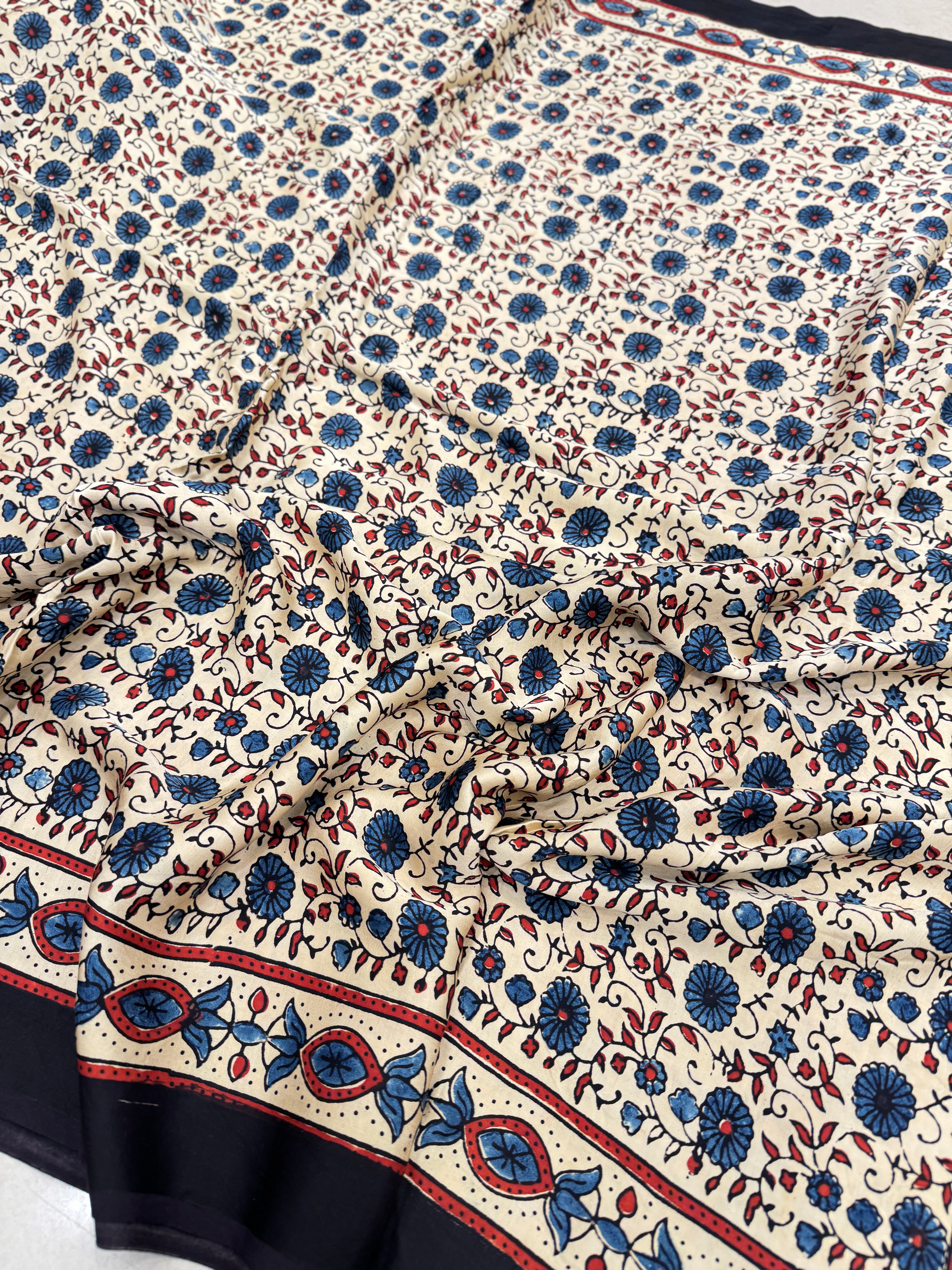 White Floral Jaal Hand Block Print Ajrkah Pure Gajji Silk Saree