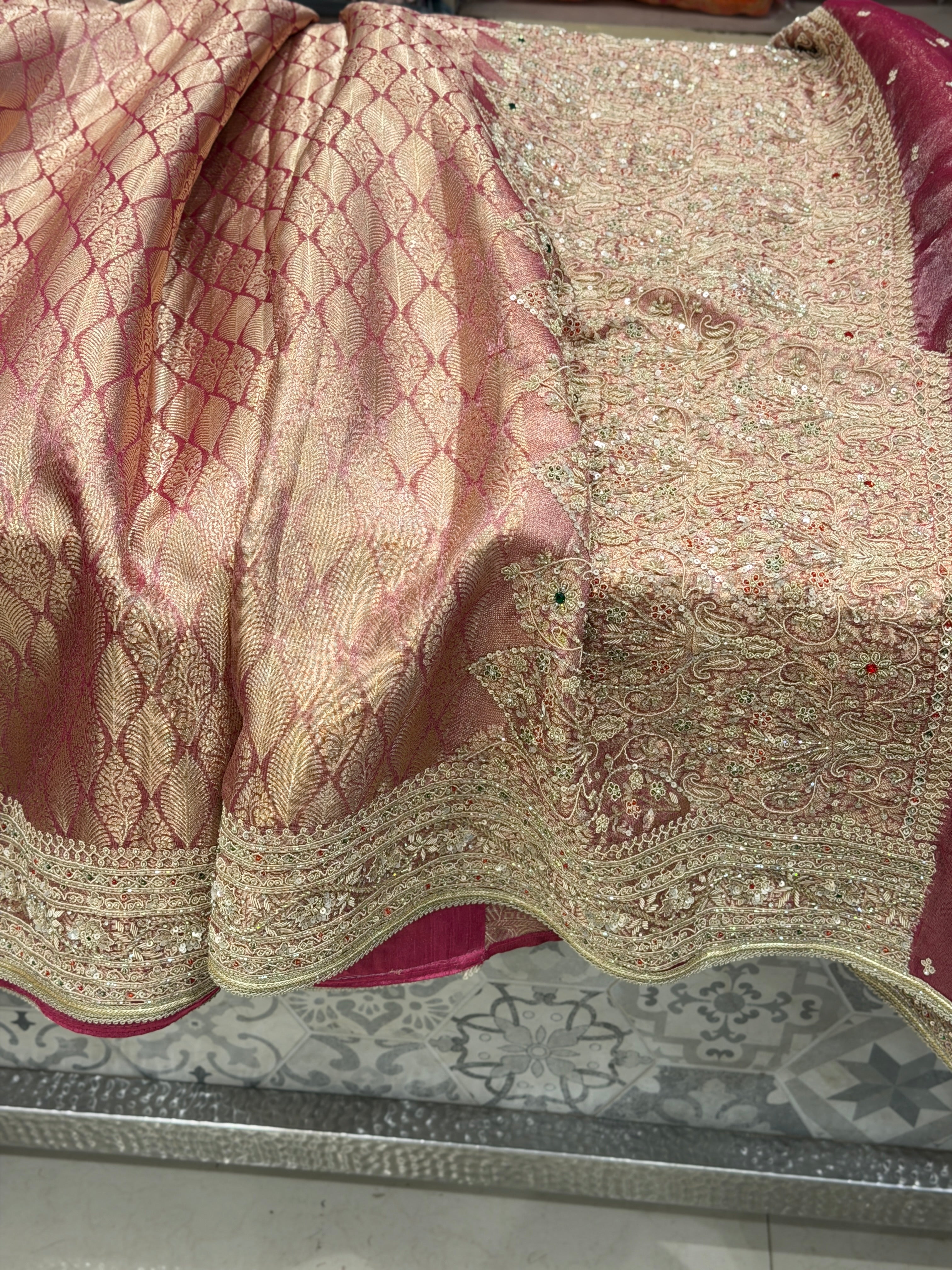 Red Tissue Kanjivaram Contemporary Hand Embroidery Saree