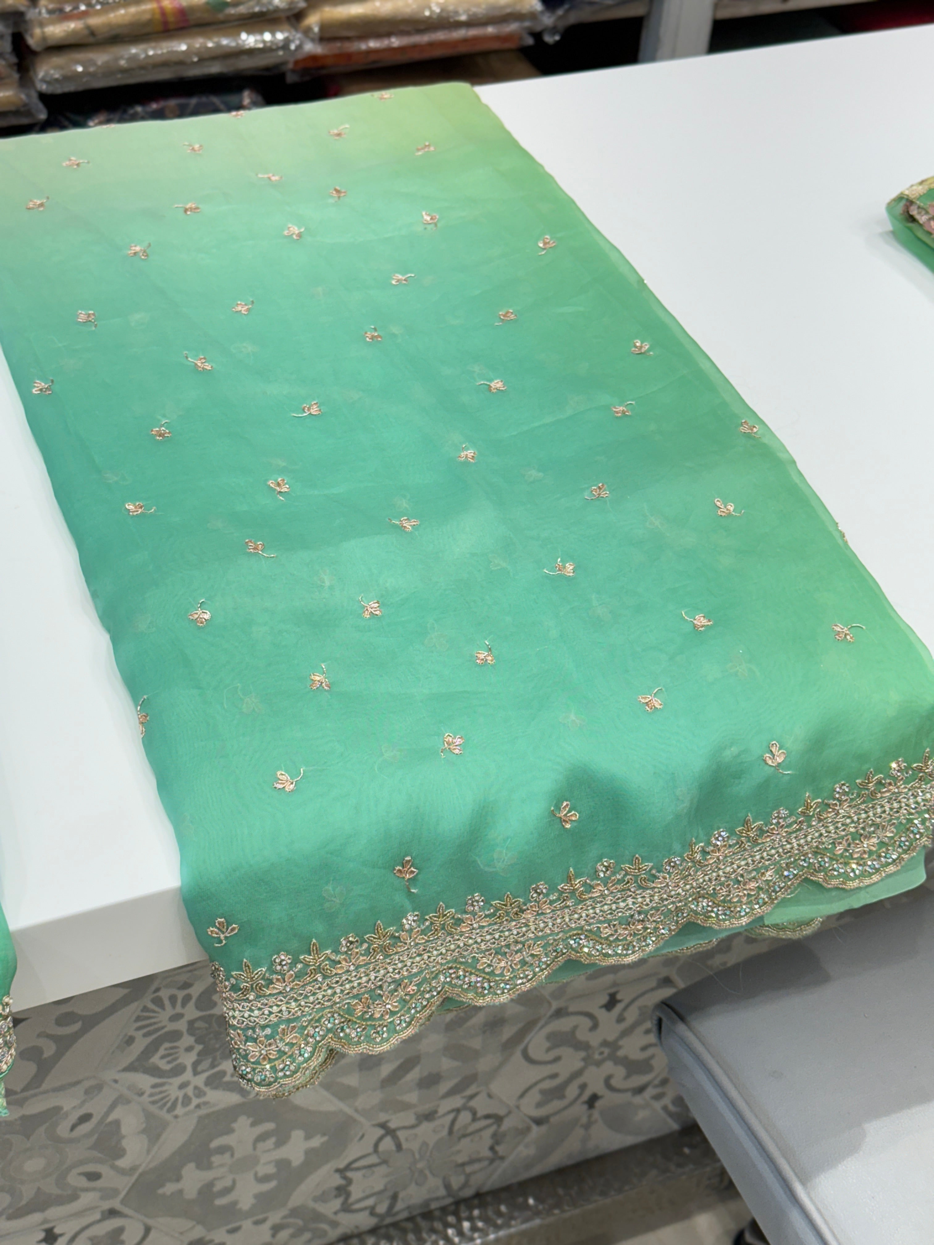 Green Shaded Pure Organza Border Embroidery Saree