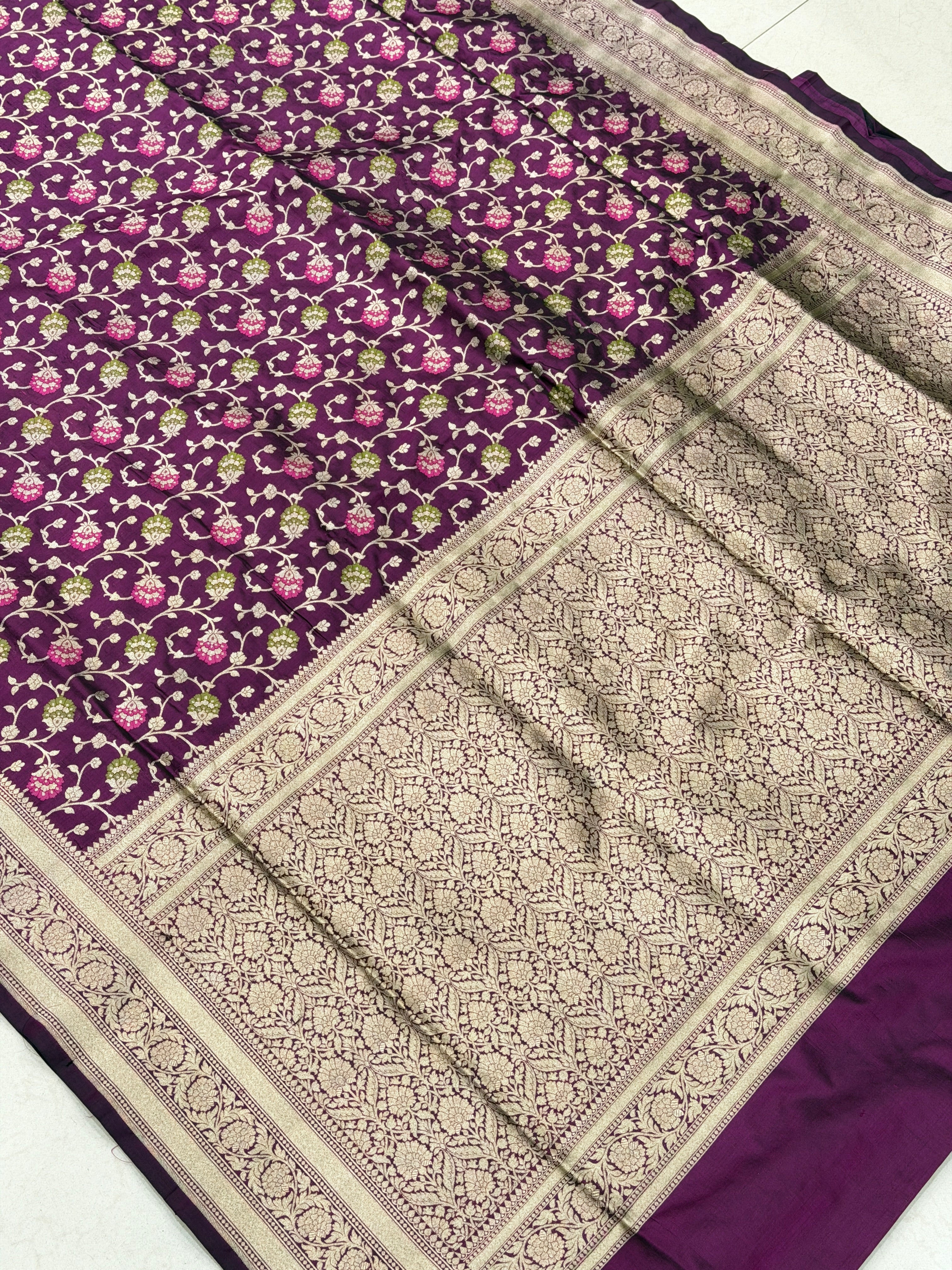 Wine Handloom Meenakari Jaal Katan Silk Saree