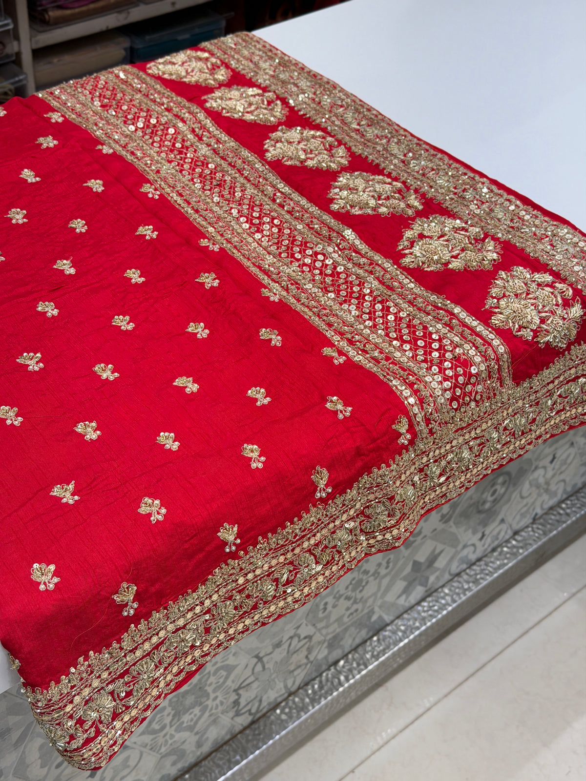 Red Sabyasachi Inspired Matka Silk Marodi Zardosi Buttis Saree