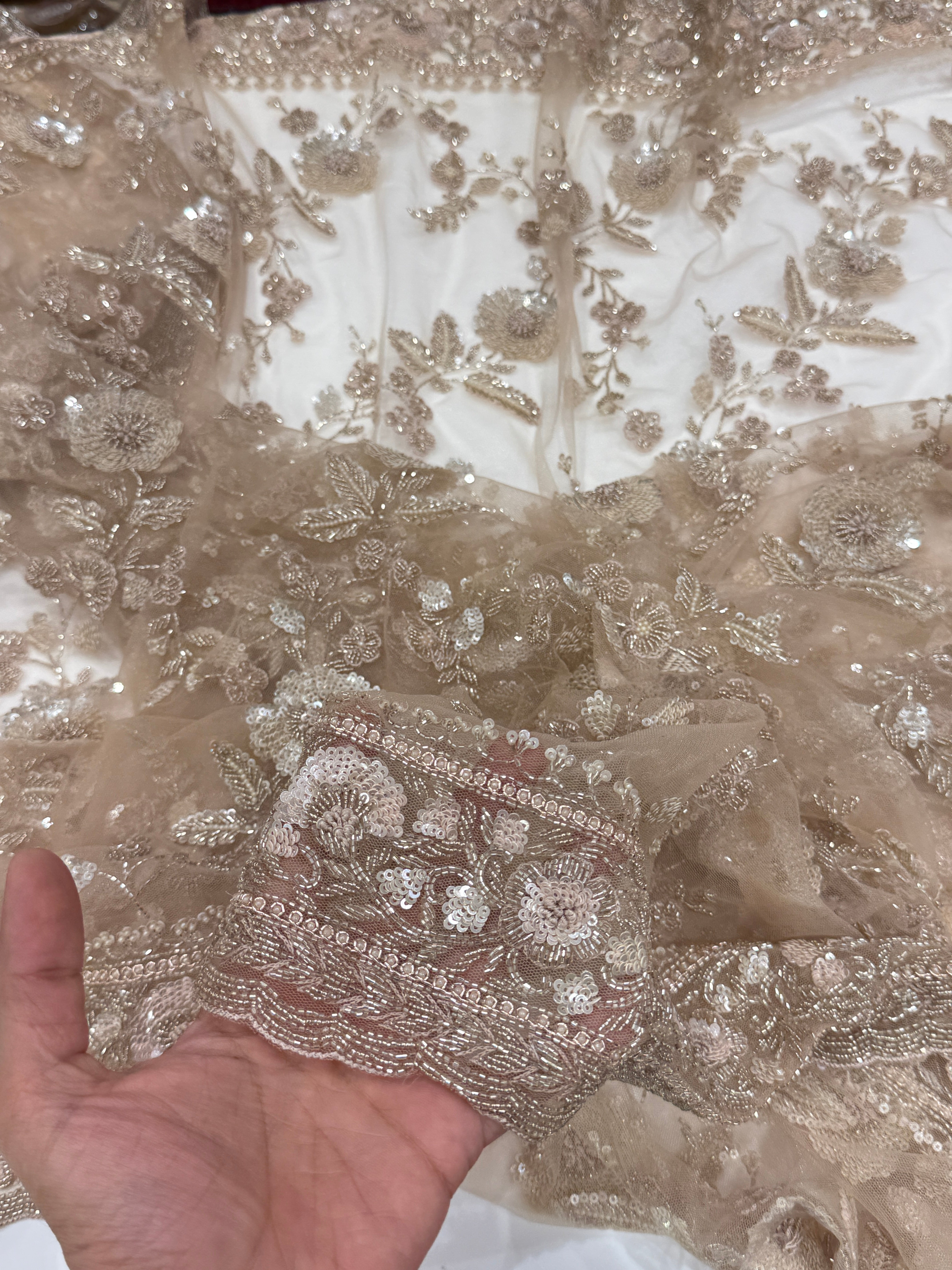Nude Net Hand Embroidery Zardosi Moti Knot Work Saree