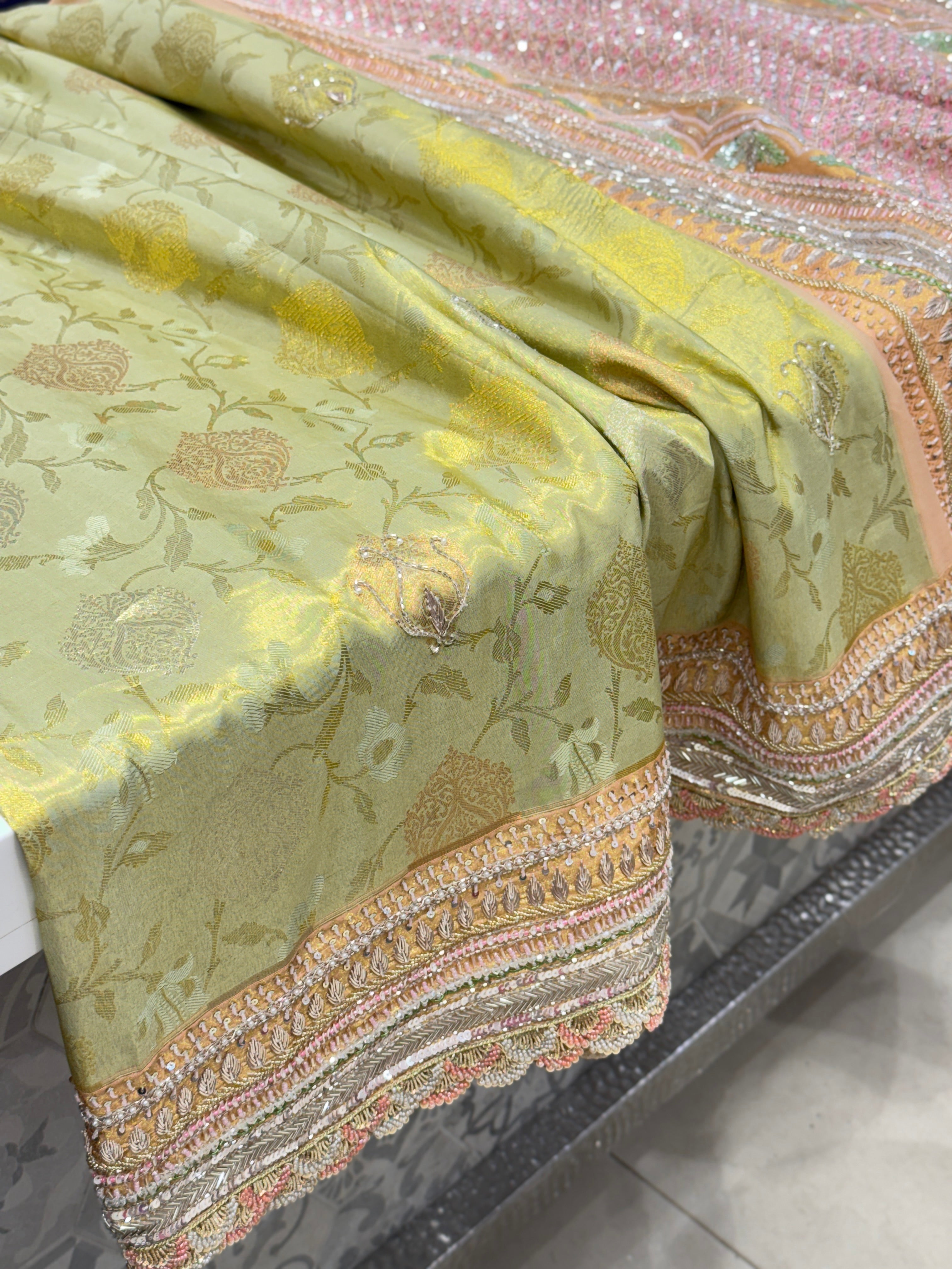 Green Peach Woven Kanjivaram Zardosi Hand Embroidery Saree