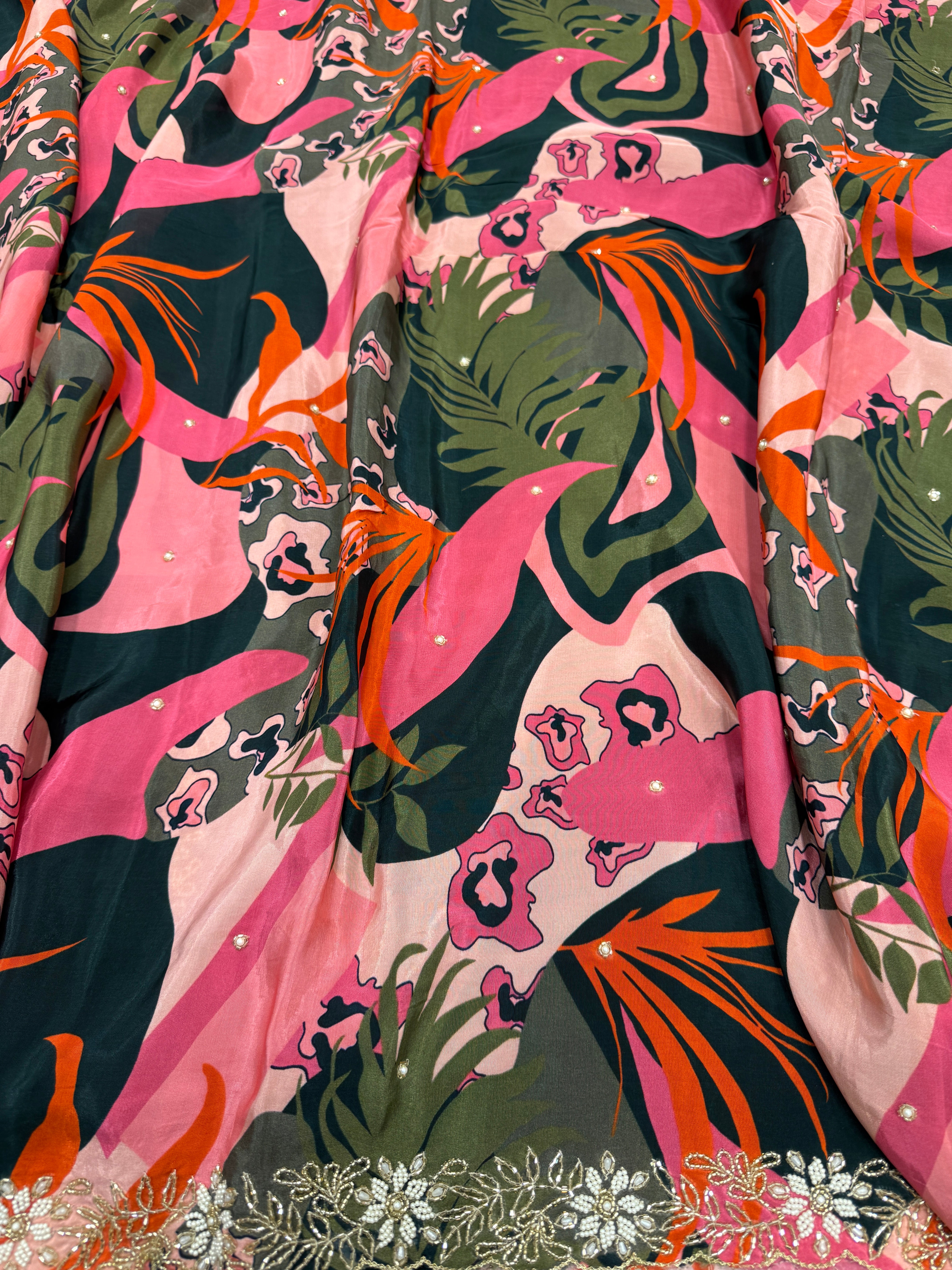 Bottle Green Floral Muslin Print Hand Embroidery Saree