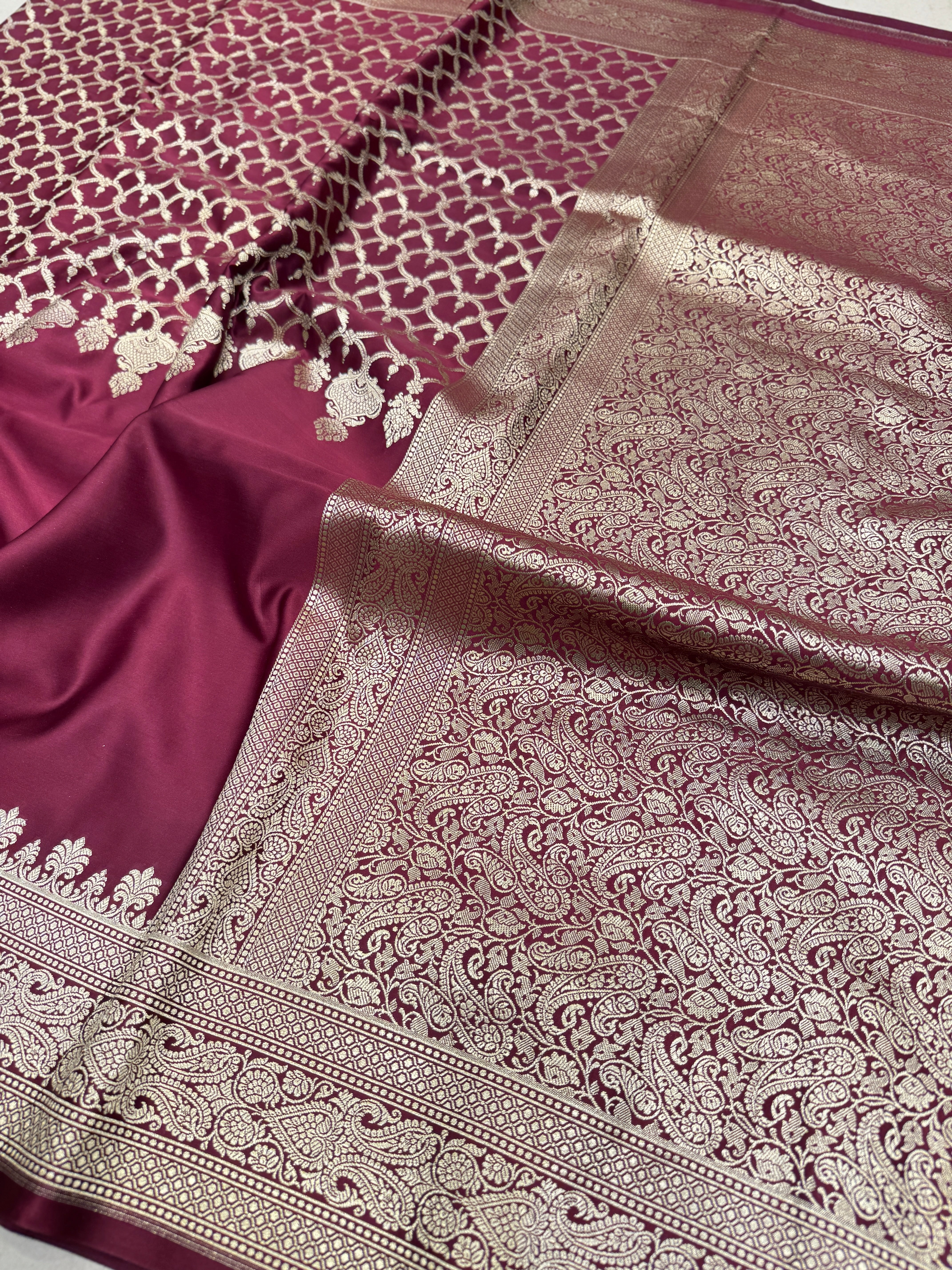 Wineish Maroon Banarasi Silk Half n Half Saree