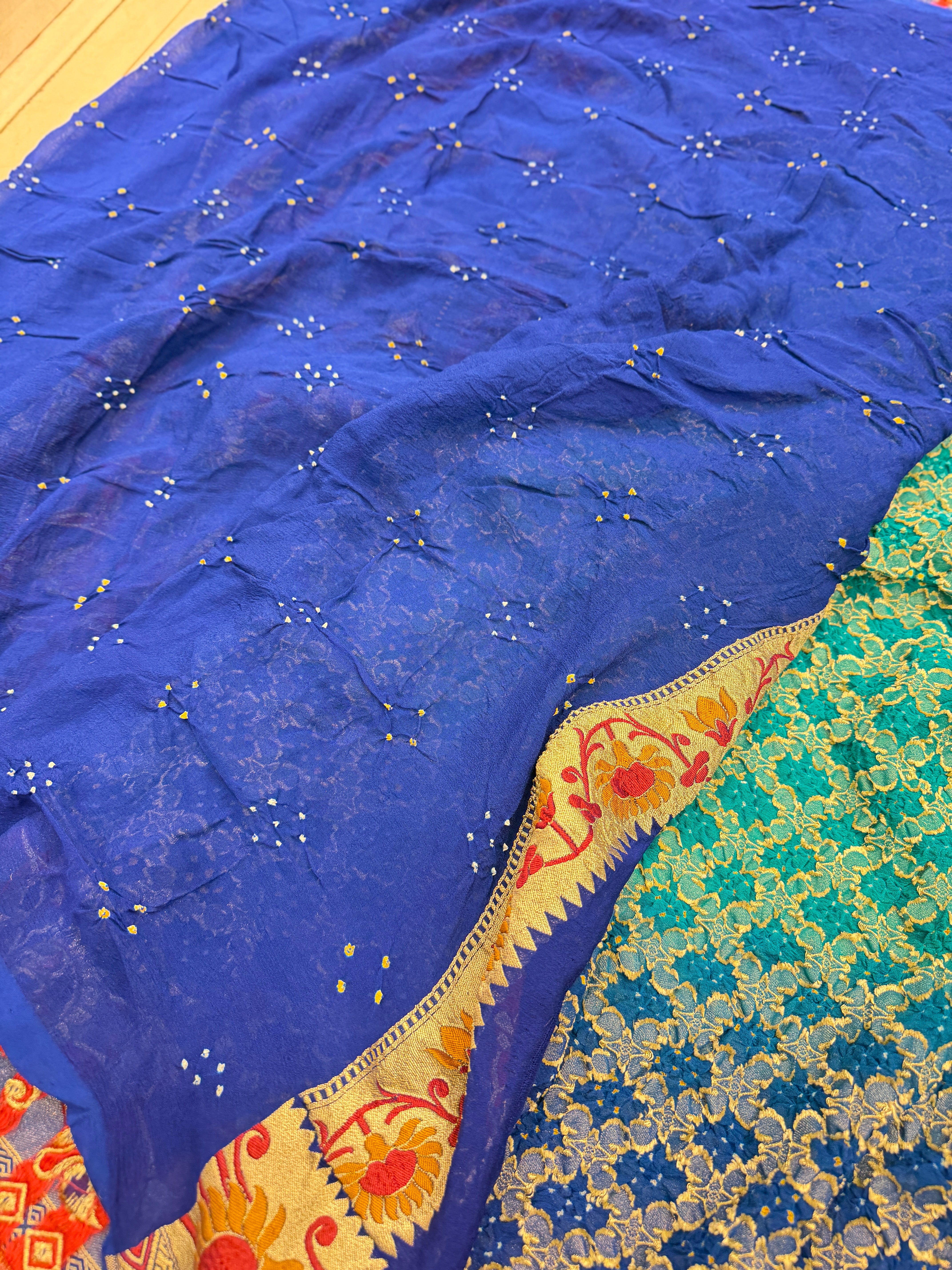 Shaded Blue Meenakari Paithani Style Pure Handloom Georgette Bandhej Saree