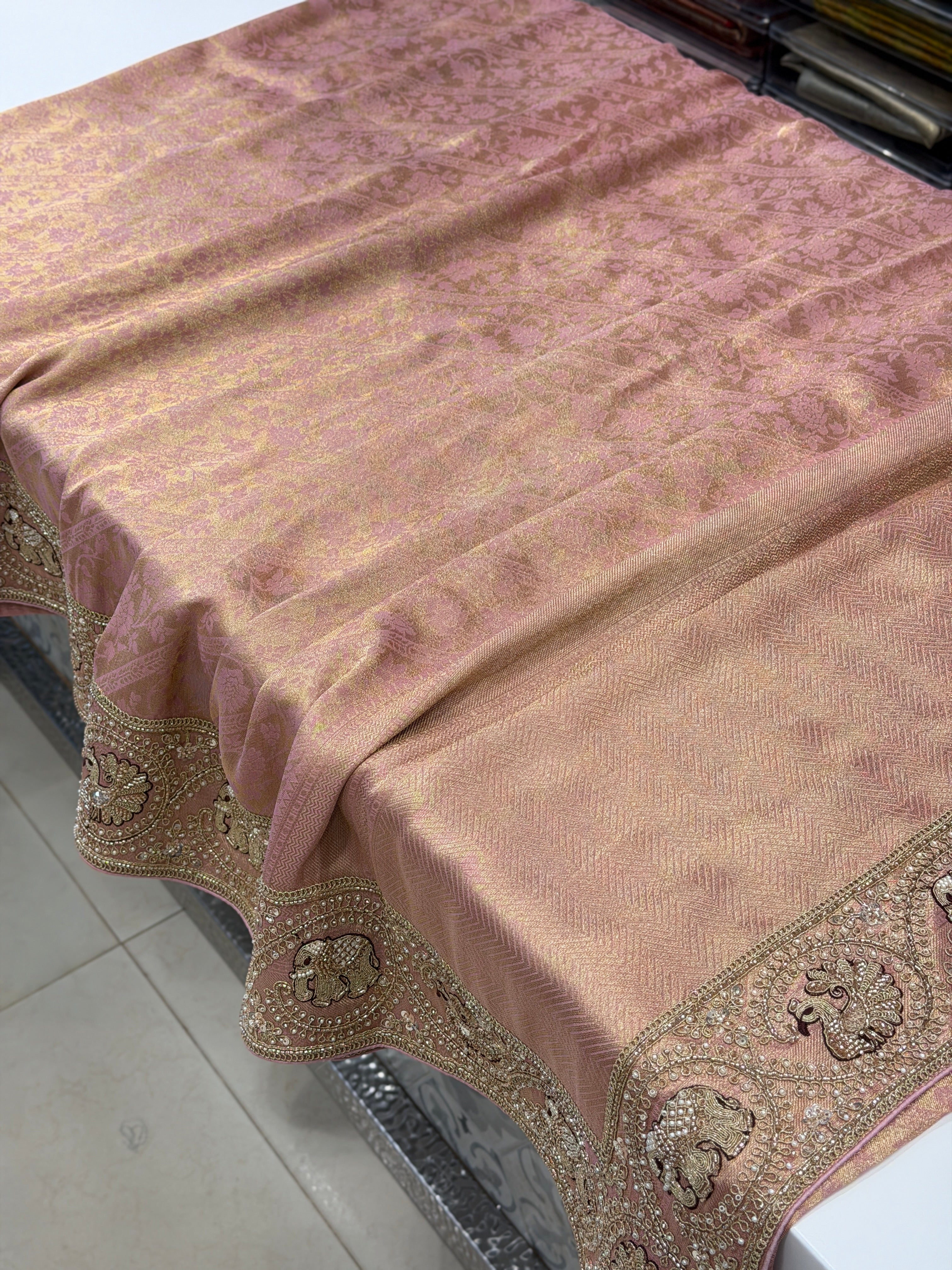 Light Pink Banarasi Crepe Tissue Elephant Motif Embroidery Saree
