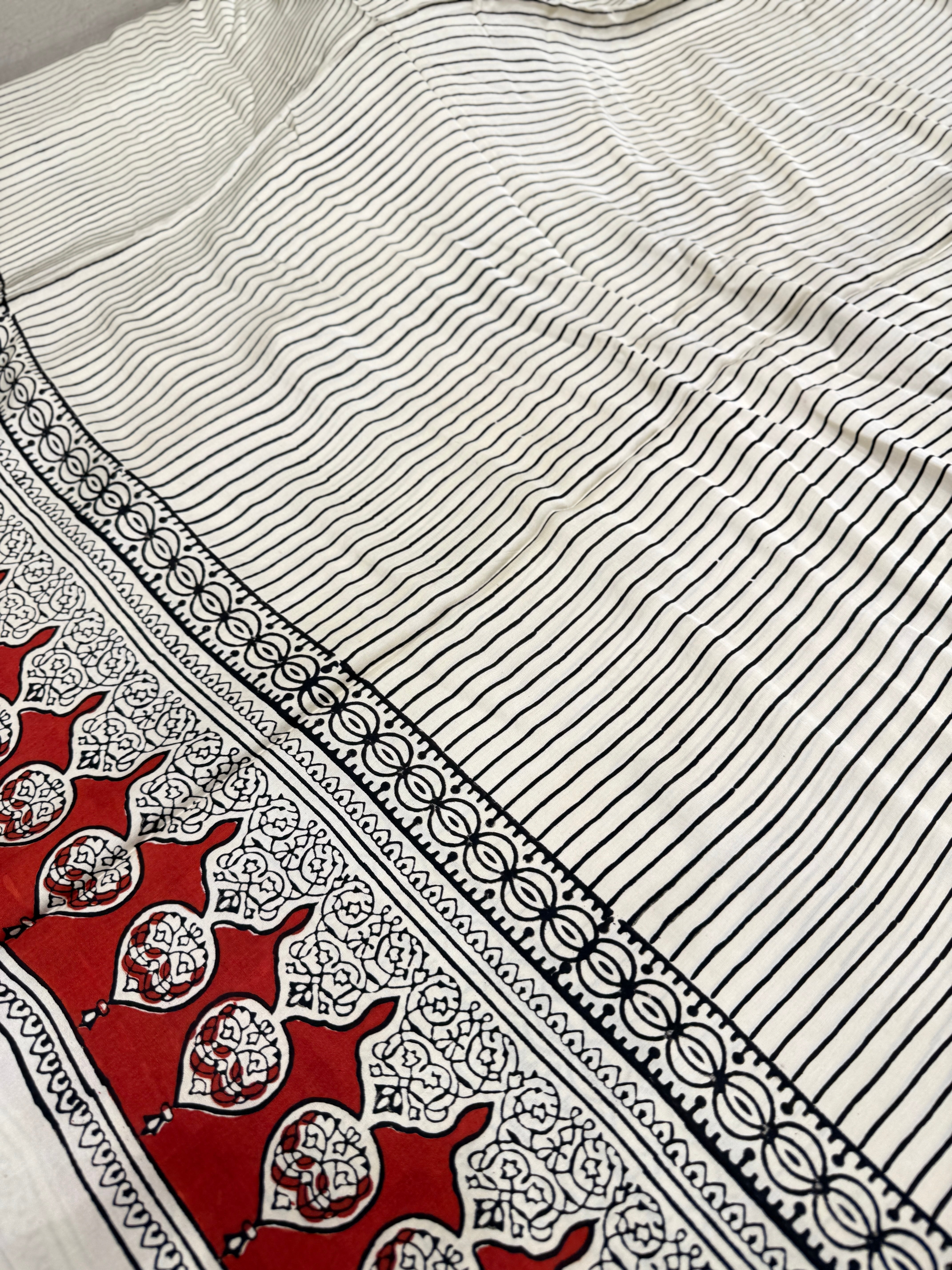 White Contemporary Temple Border Ajrakh Block Print Hand Pure Gajji Silk Saree