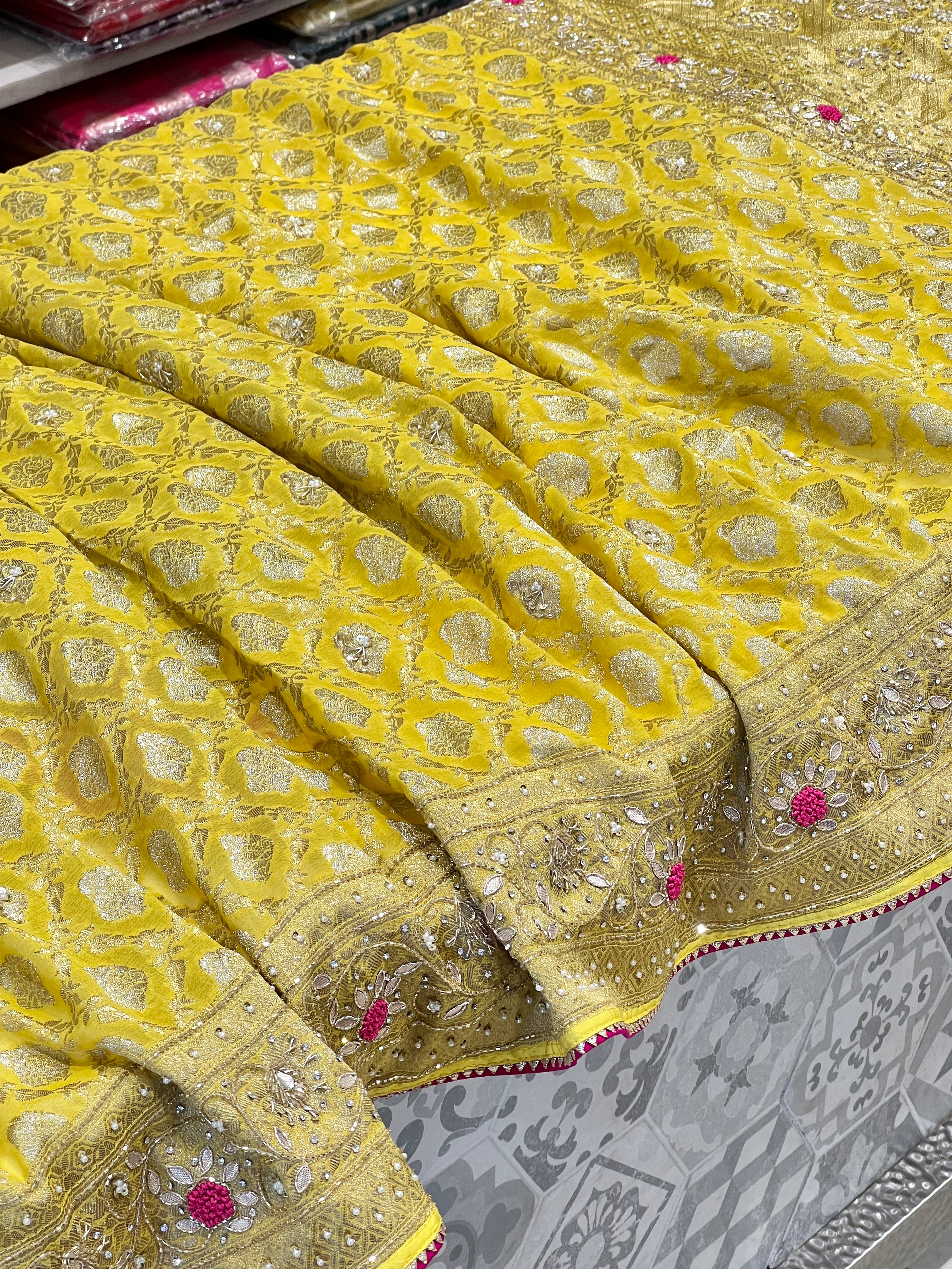 Yellow Banarasi Khaddi Georgette Hand Embroidery Saree