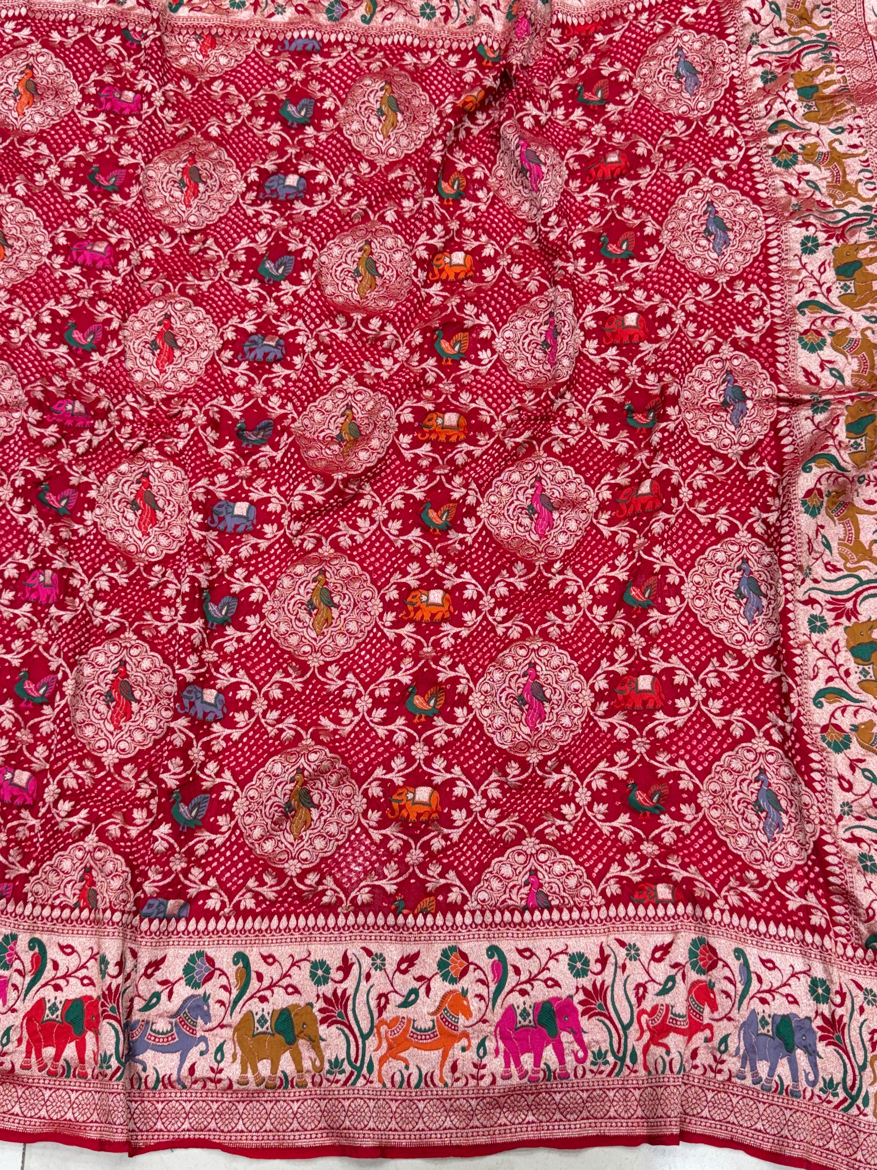 Red Handloom Meenakari Rai Bandhej Pure Zari Dupatta