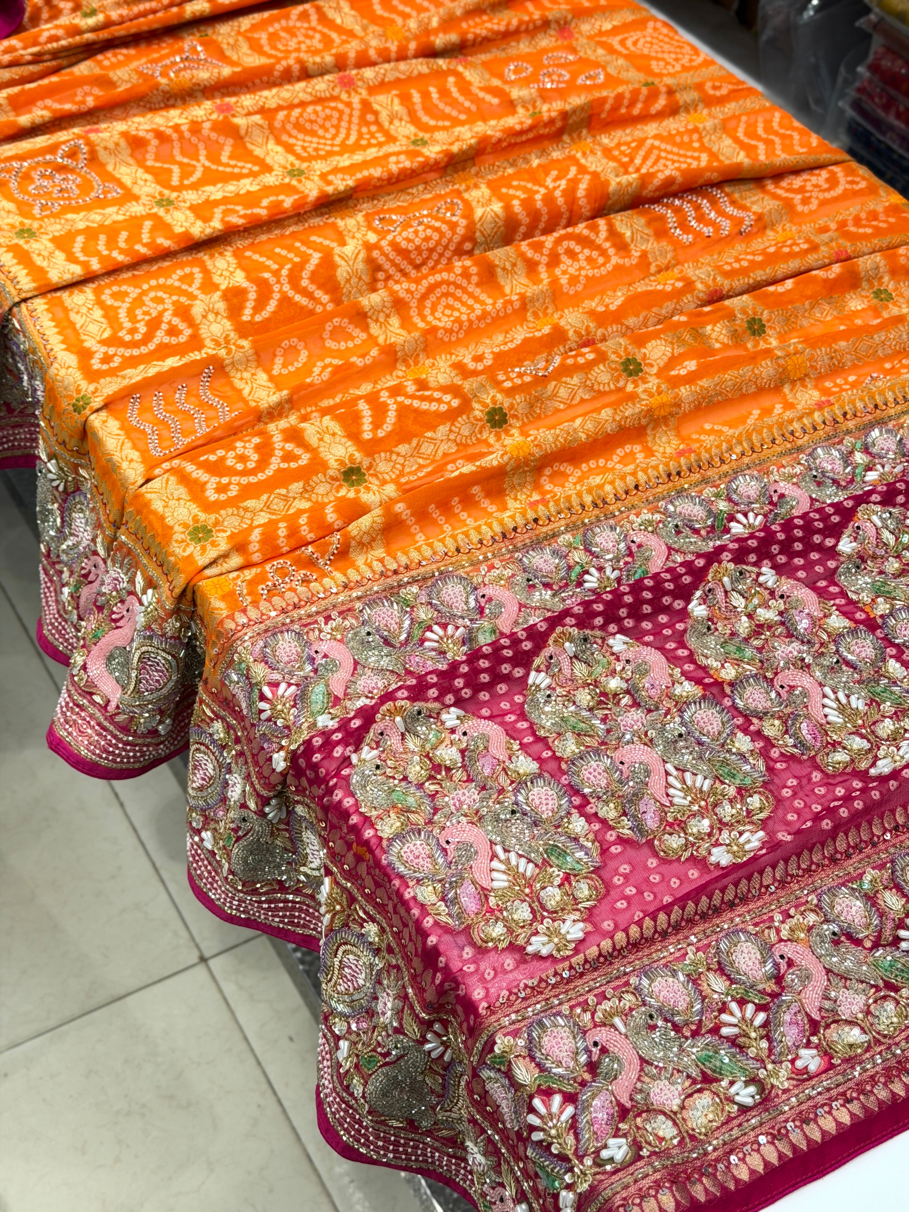 Orange Rani Gharchola Moti Sequin Zardosi Hand Embroidery Georgette Saree