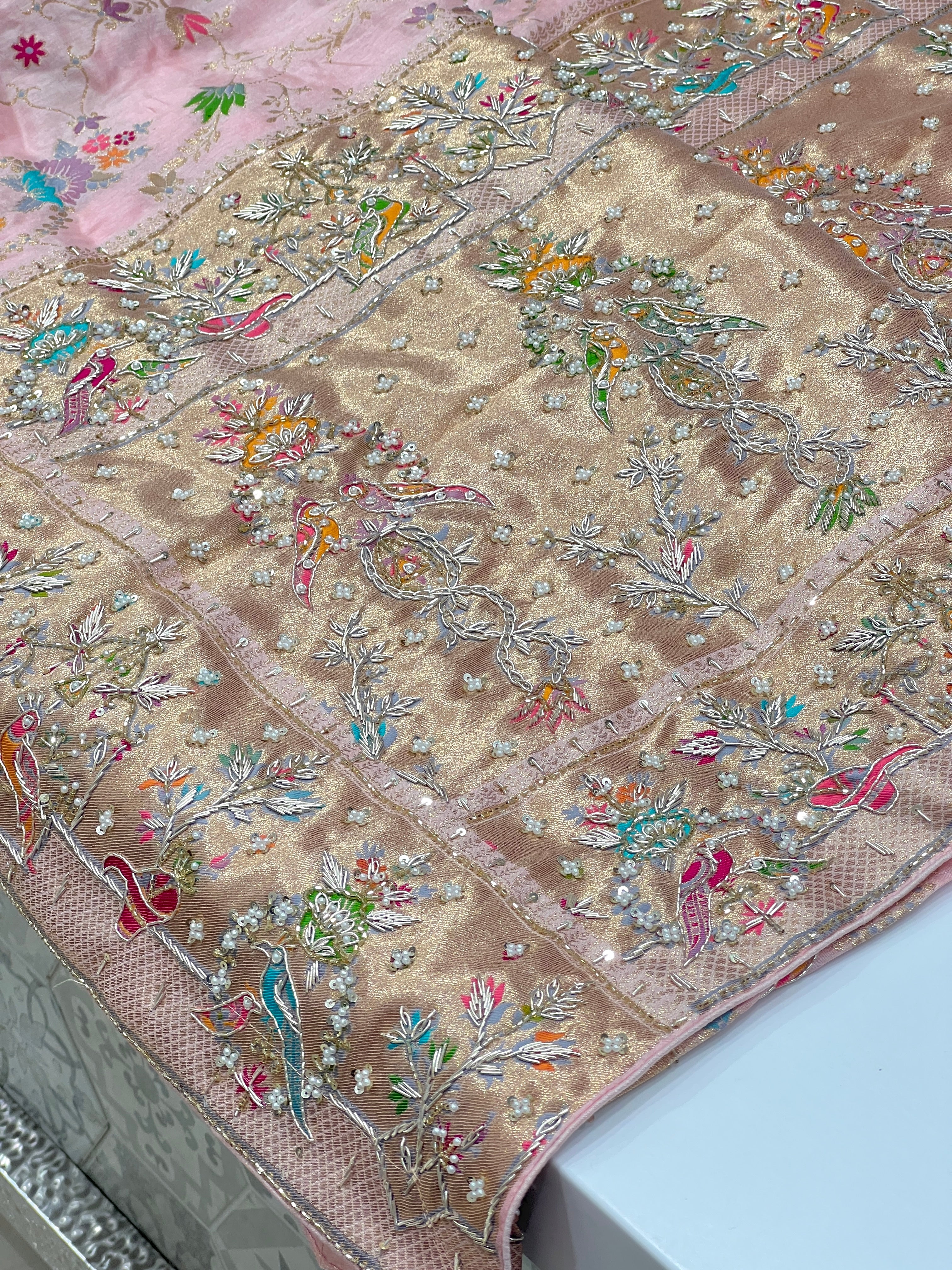 Pink Banarasi Munga Shikara Zardozi Hand Embroidery Saree