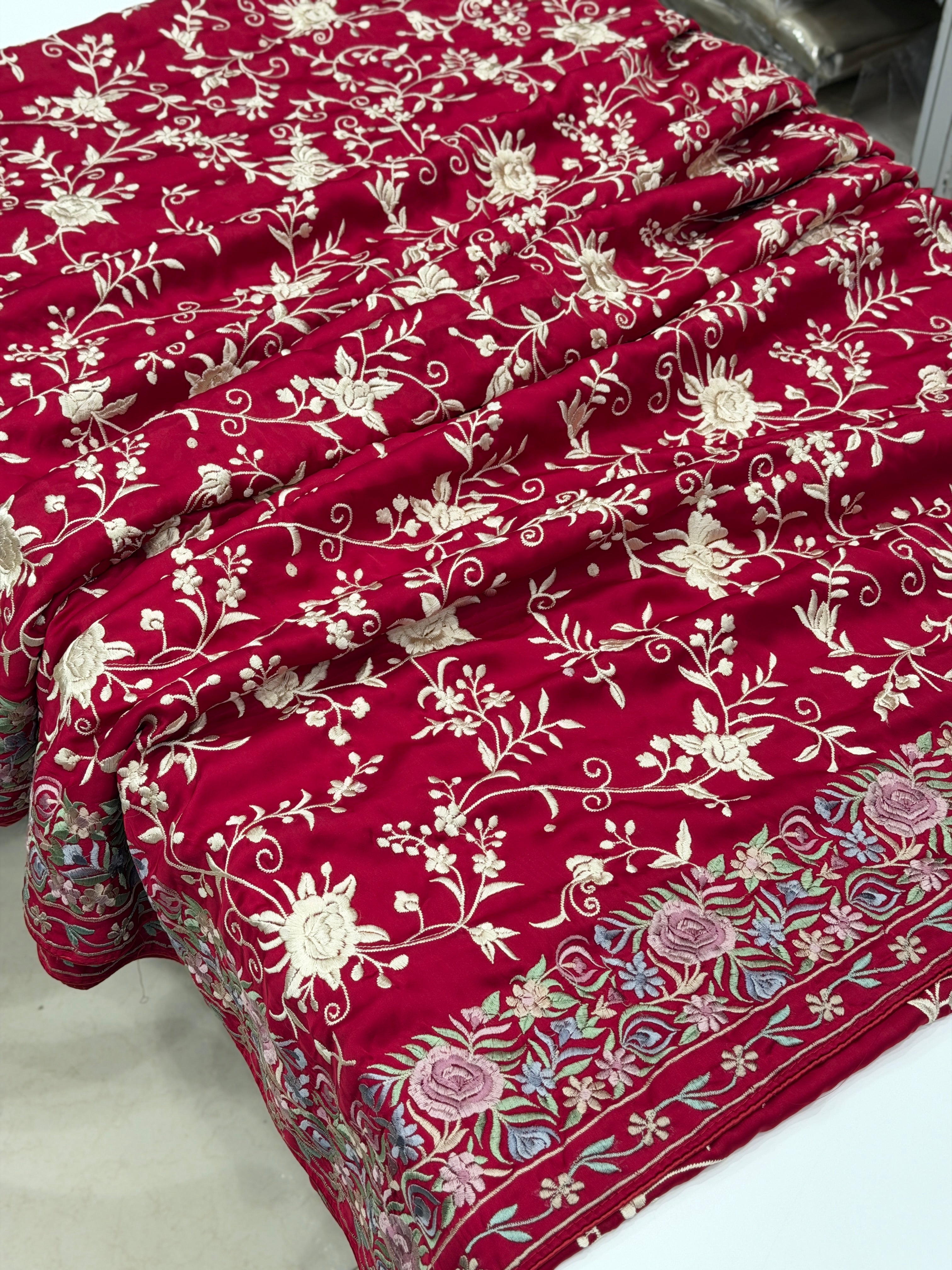 Crimson Crepe Floral Multi Resham Border Parsi Gara Saree