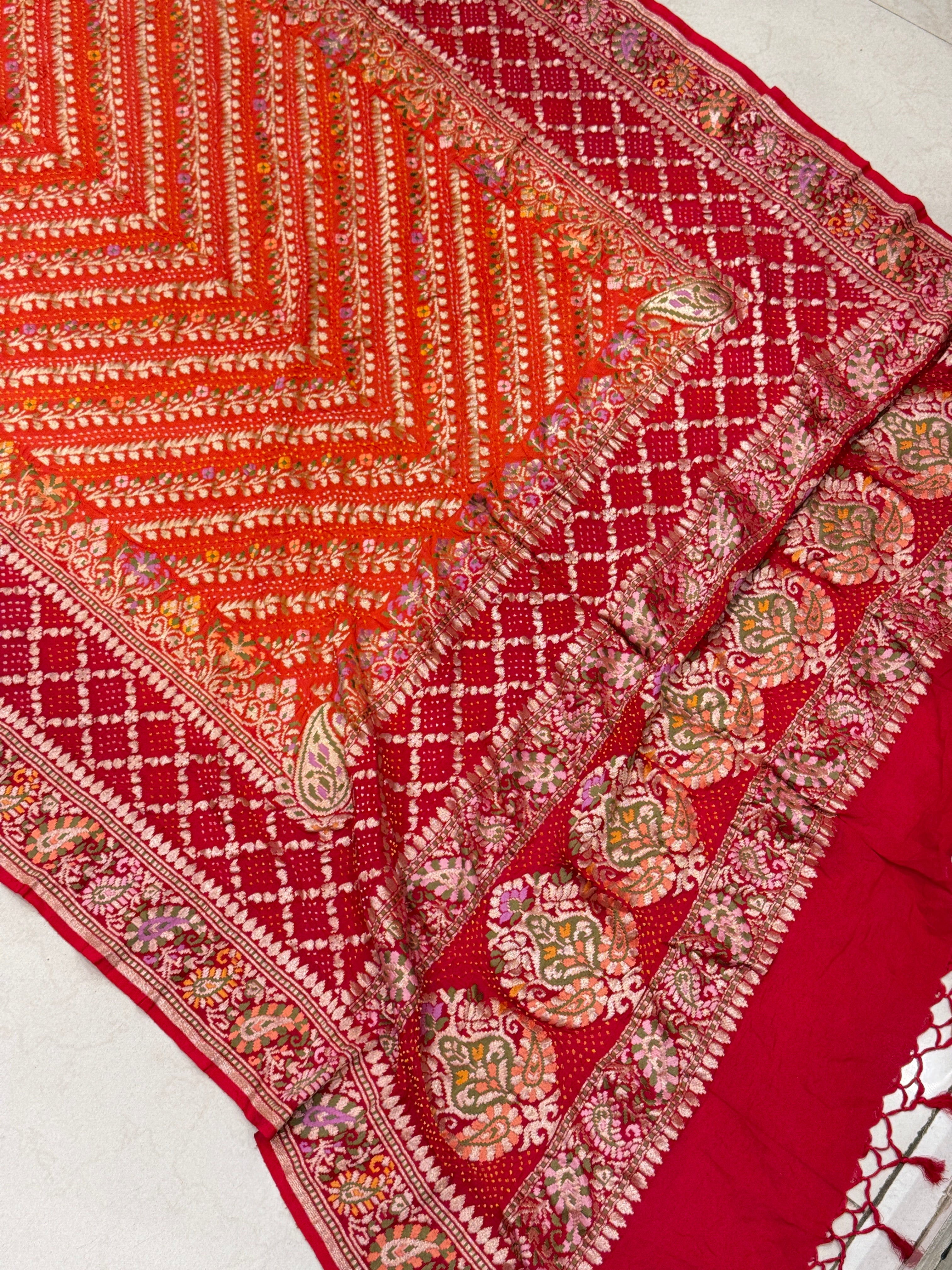 Orange Red Double Border Meenakari Rai Bandhej Georgette Bandhini Saree