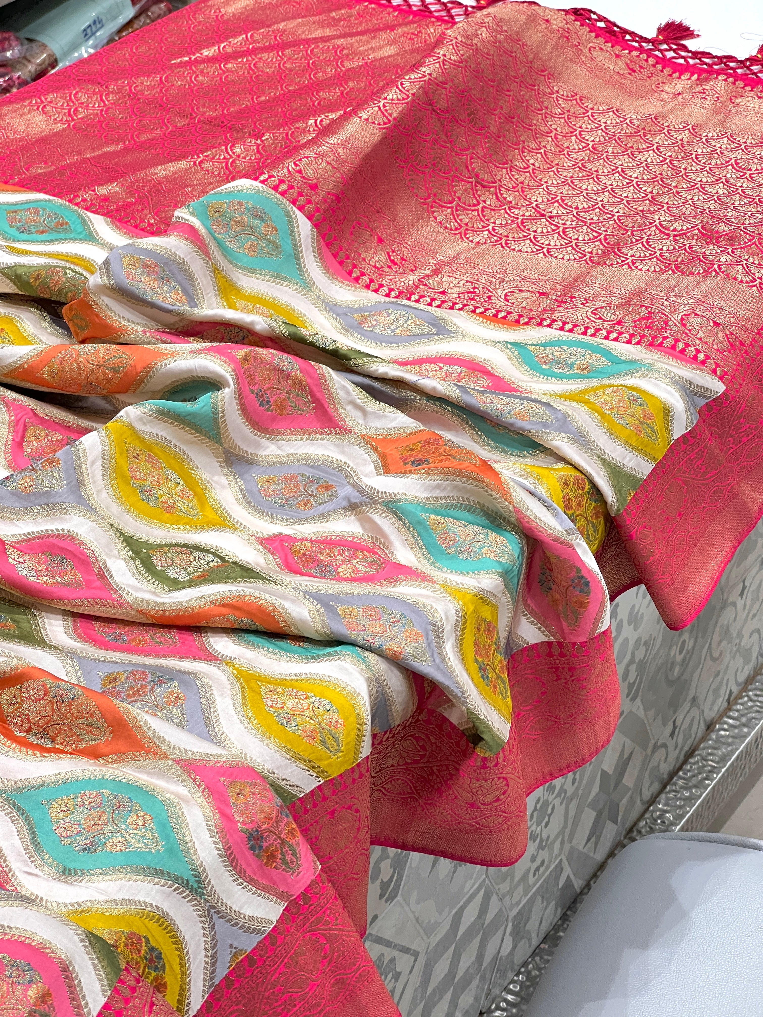 White Modal Satin Banarasi Rangkat Saree