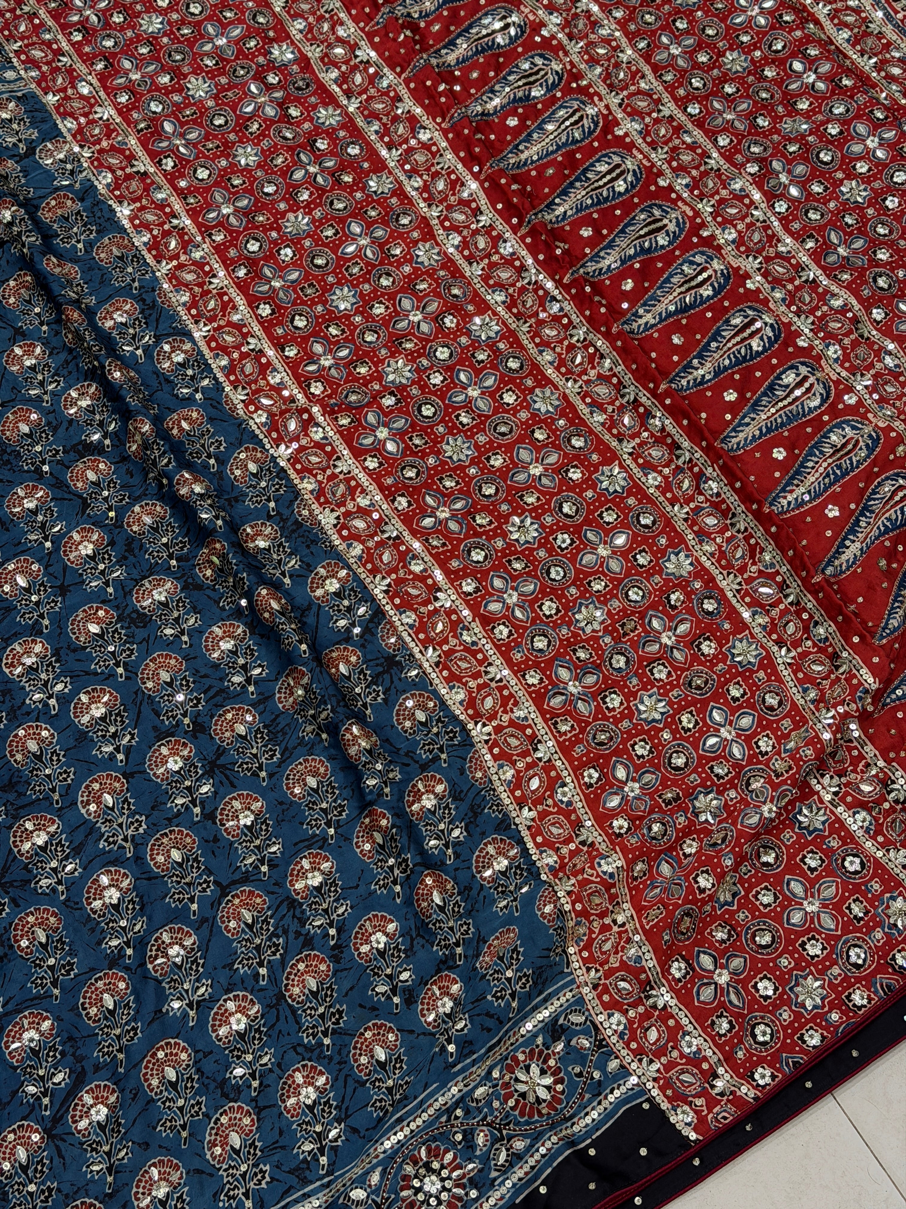 Blue Red Buttas Ajrakh Sequin Moti Hand Embroidery Saree