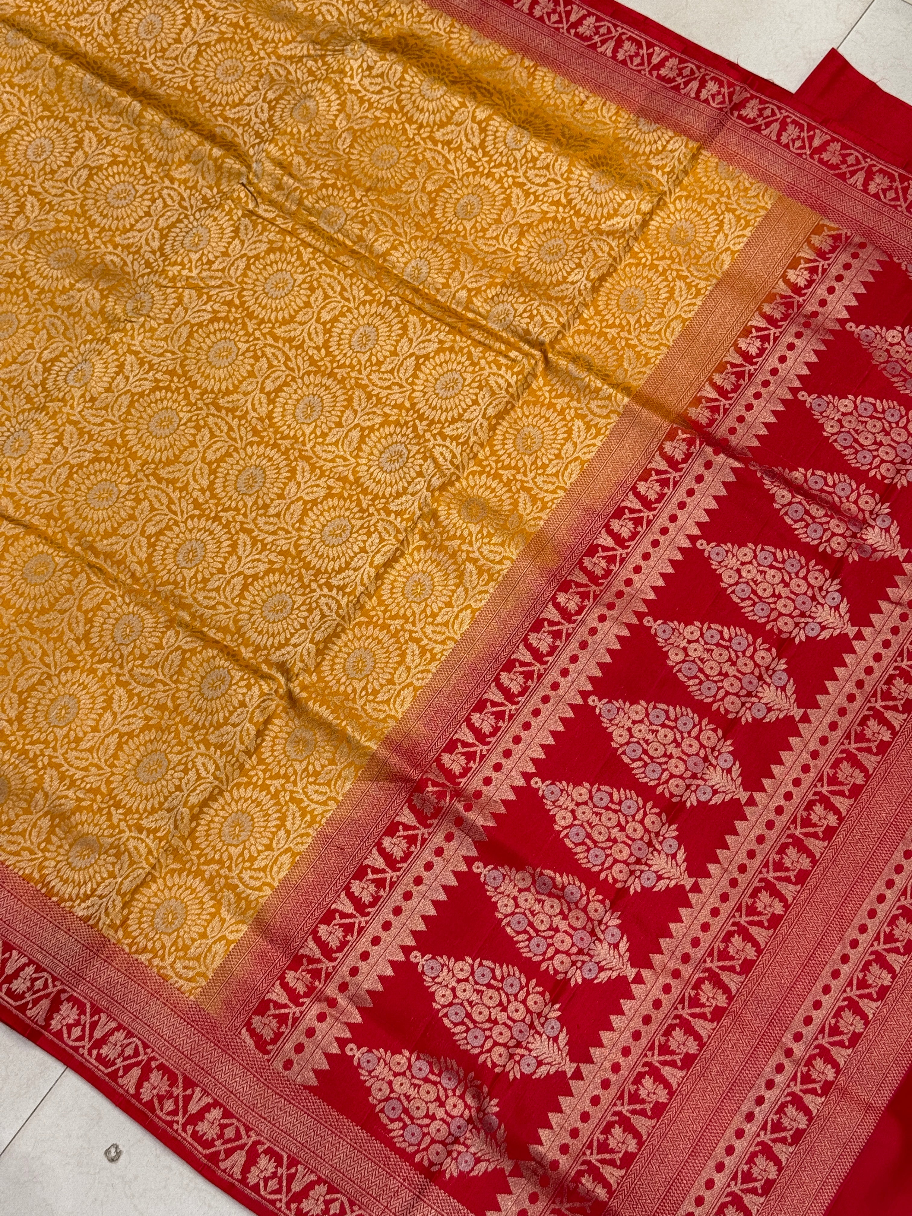 Yellow Red Brocade Handloom Kanchipuram Pure Silk Saree