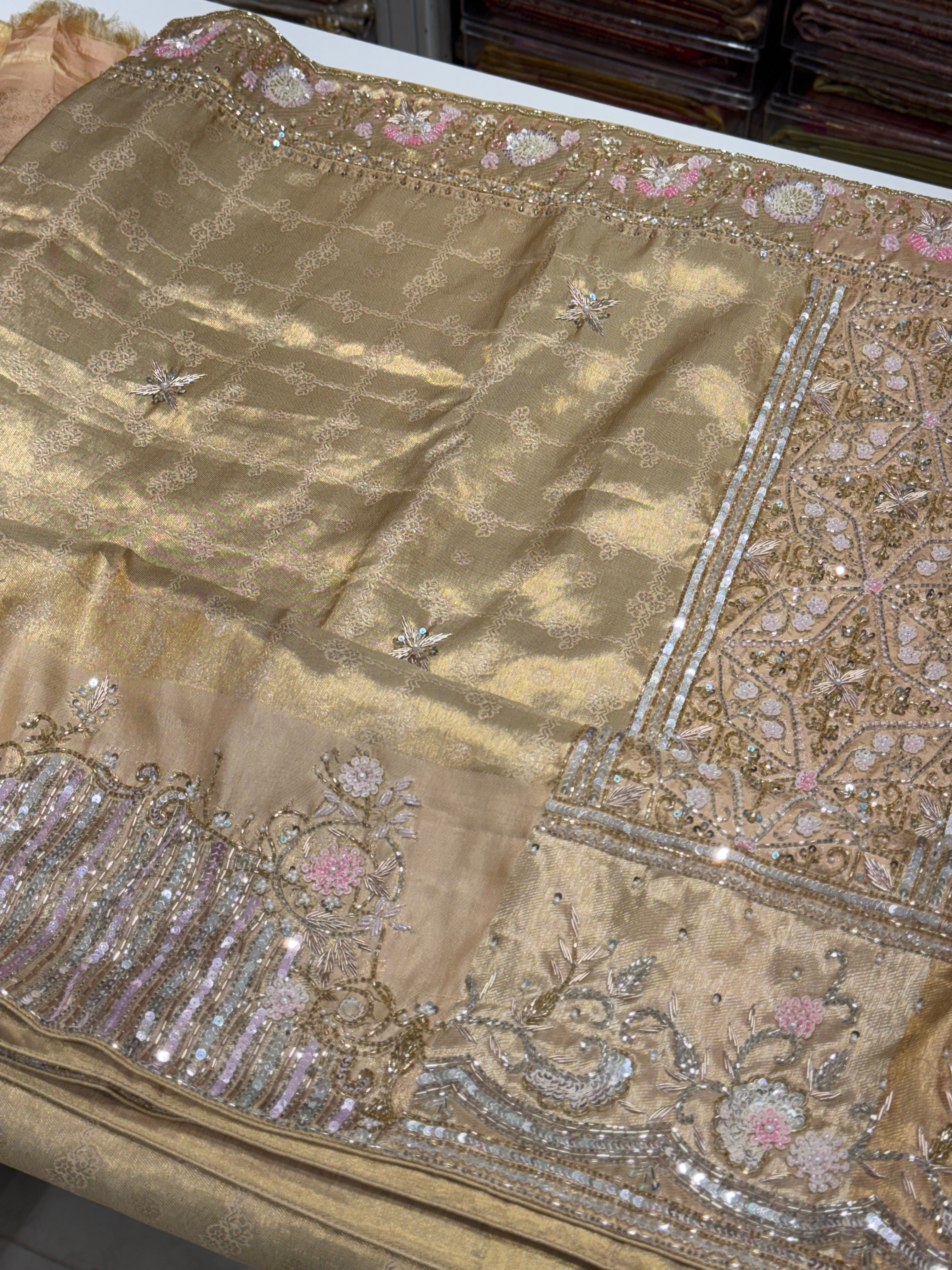 Light Gold Tissue Check Kanjivaram Hand Embroidery Saree