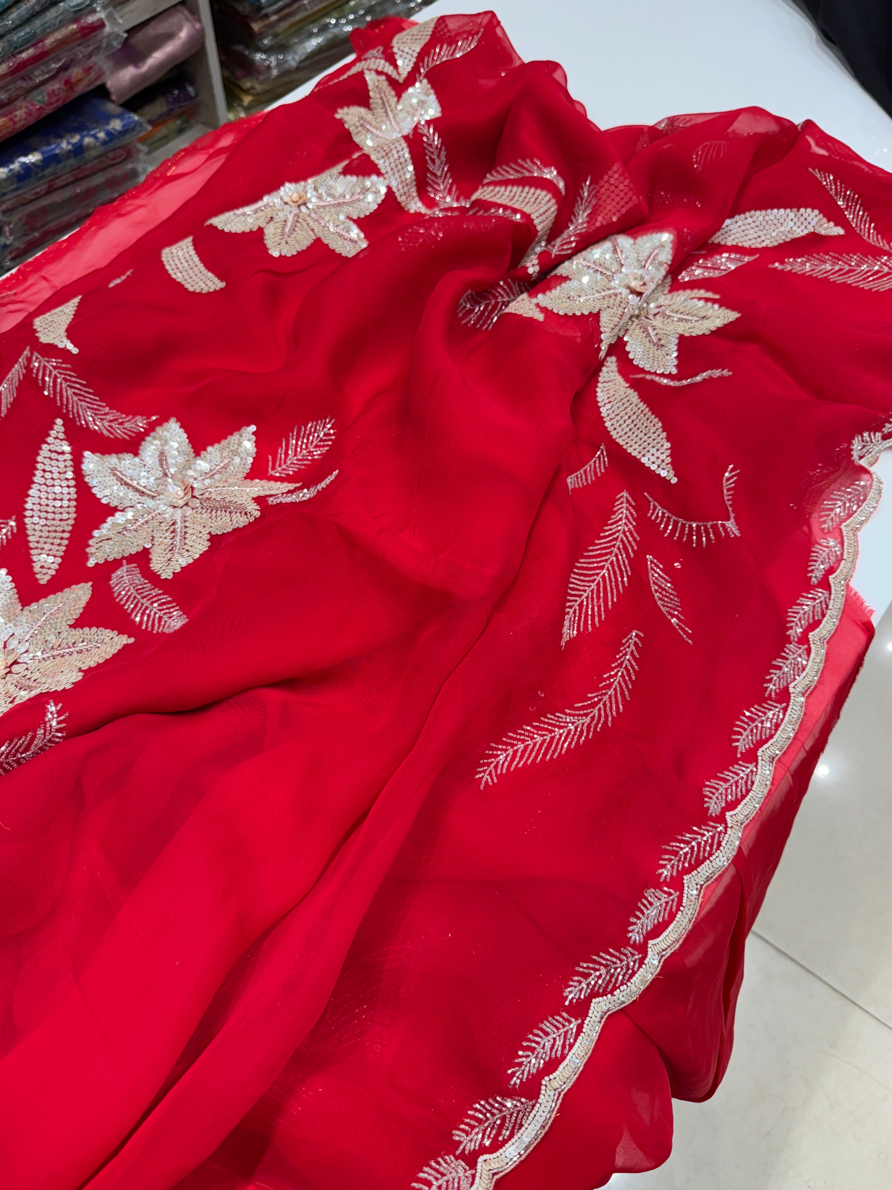 Red Satin Organza Floral Embroidery Saree