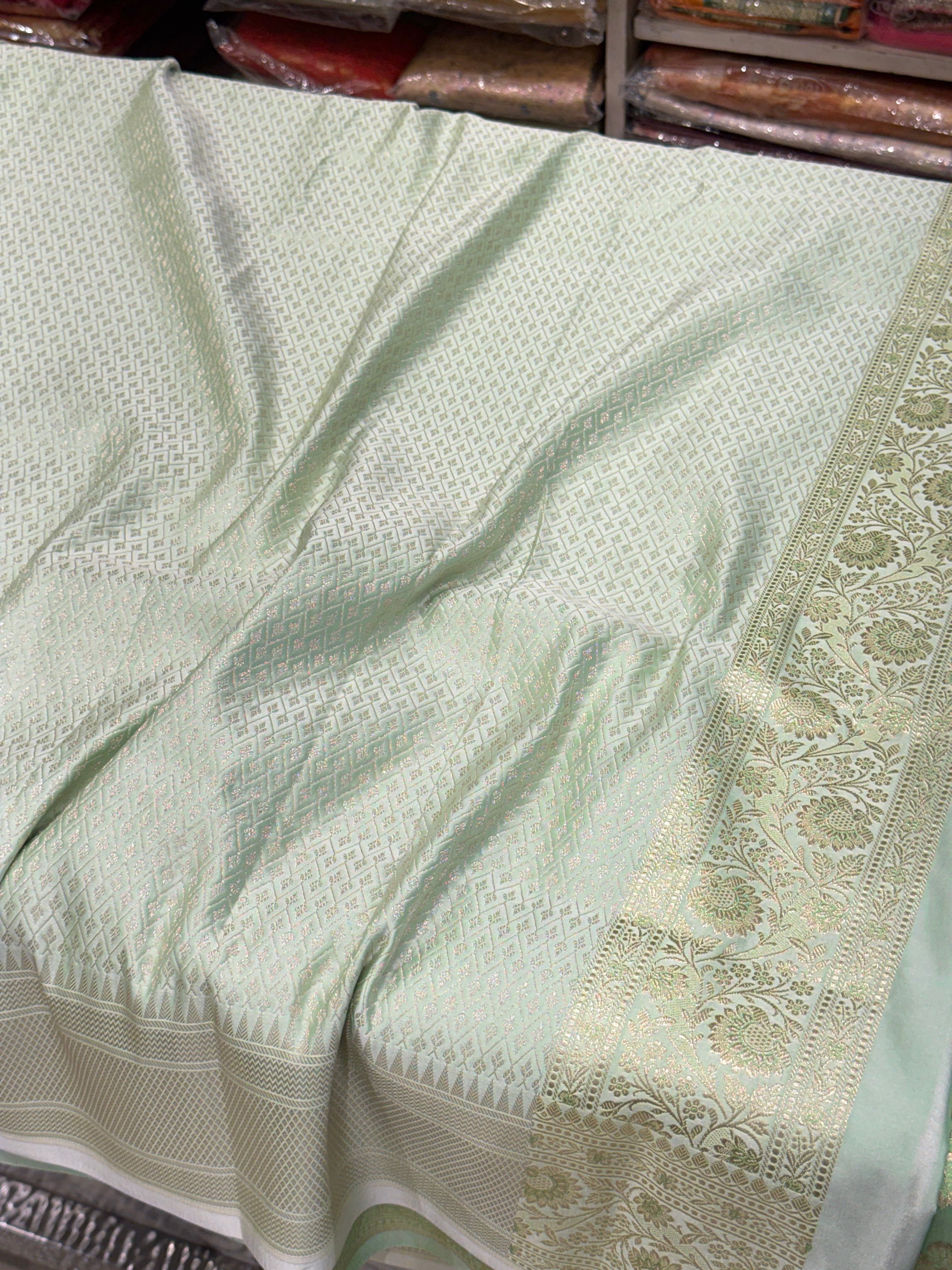 Pista Green Banarasi Silk Upside Down Border Saree