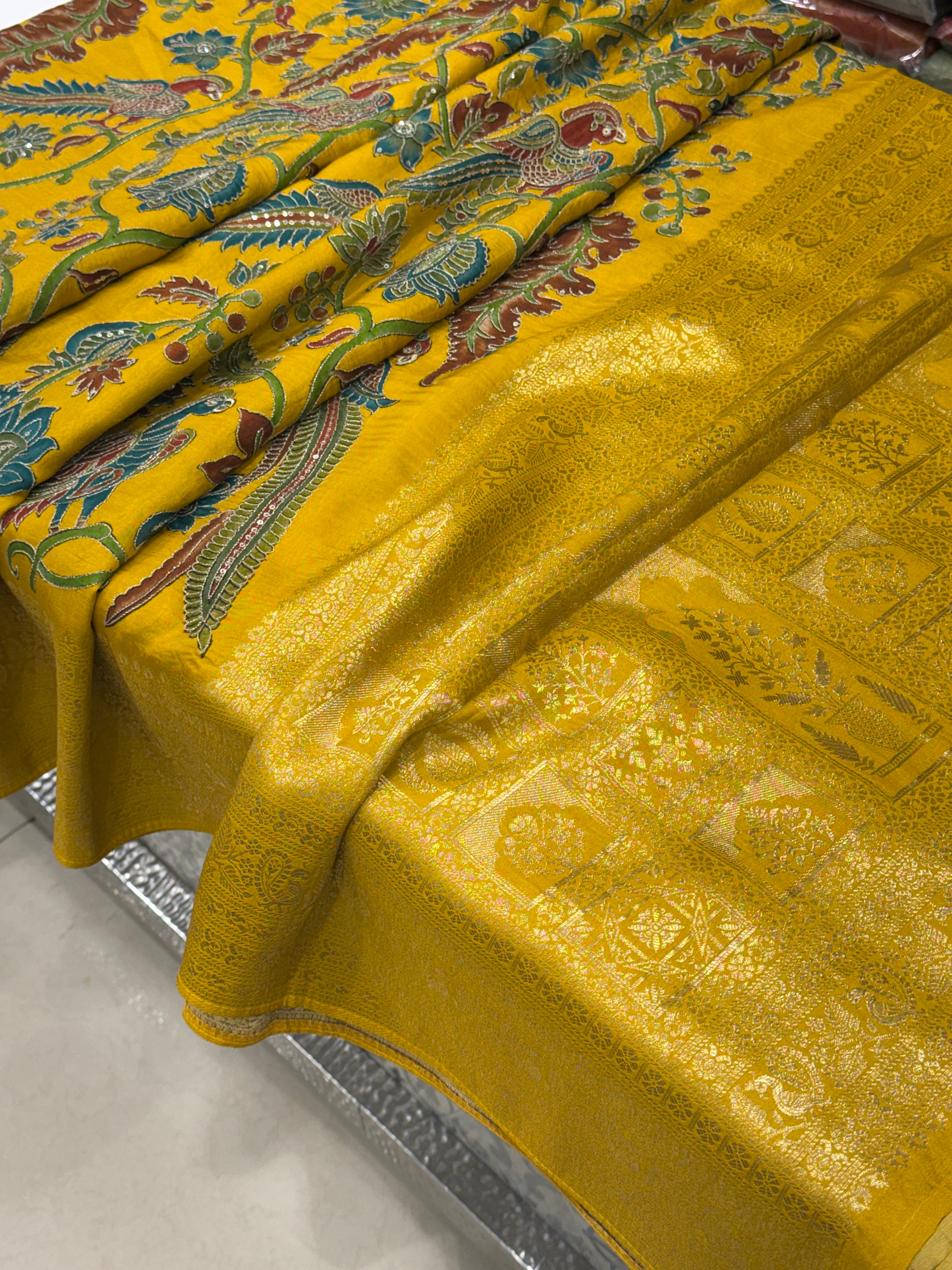 Yellow Kalamkari Weave Banarasi Munga Pita Embroidery Saree
