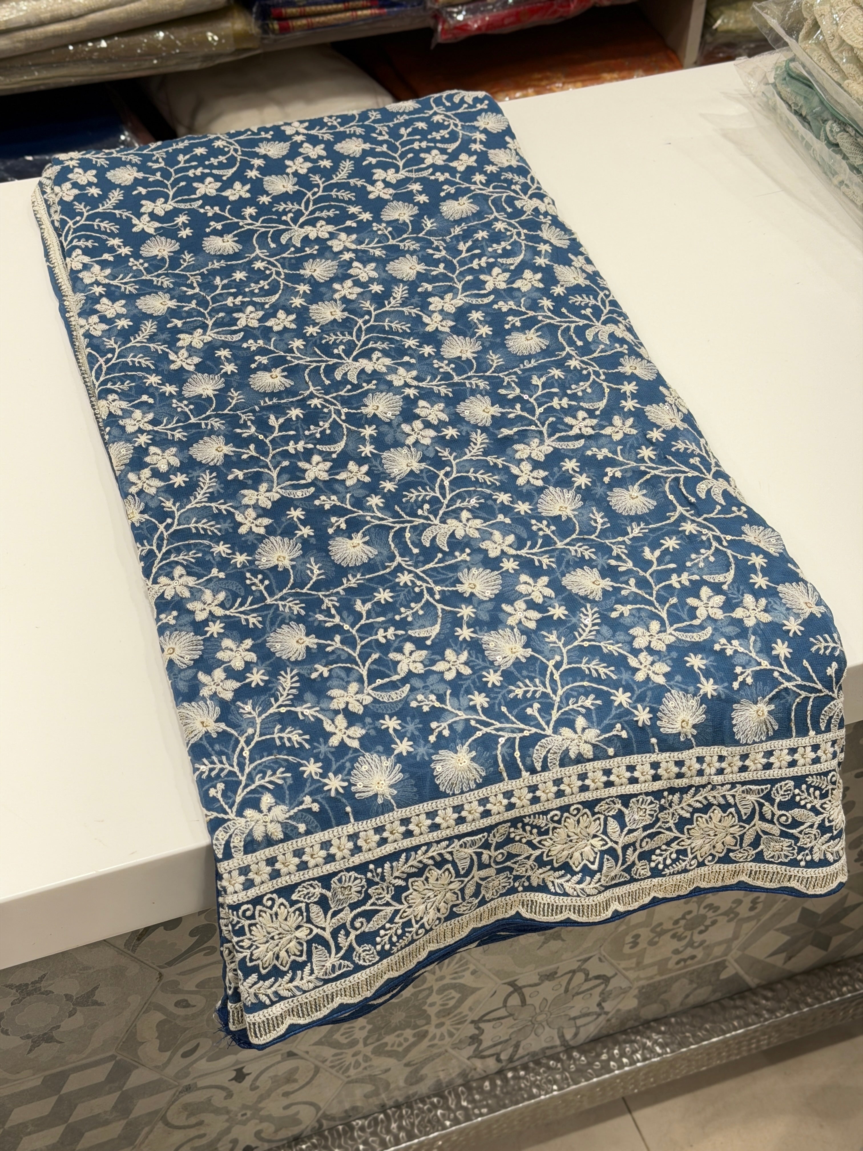 Blue Georgette Chikankari Resham Saree