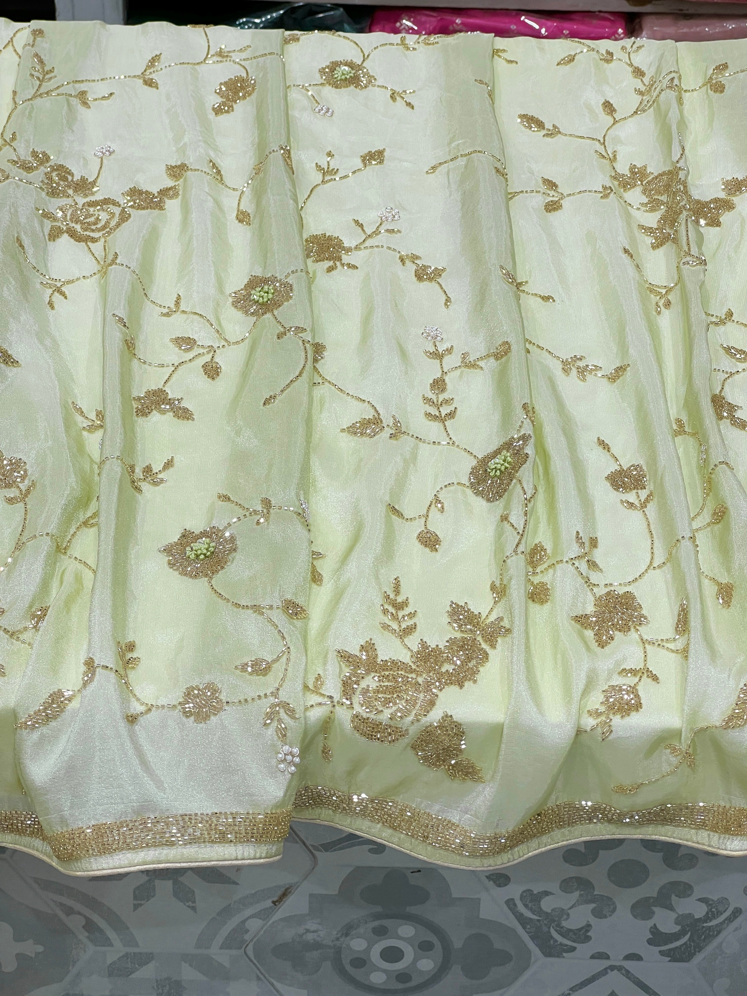 Pista Green Tissue Hand Embroidery Saree
