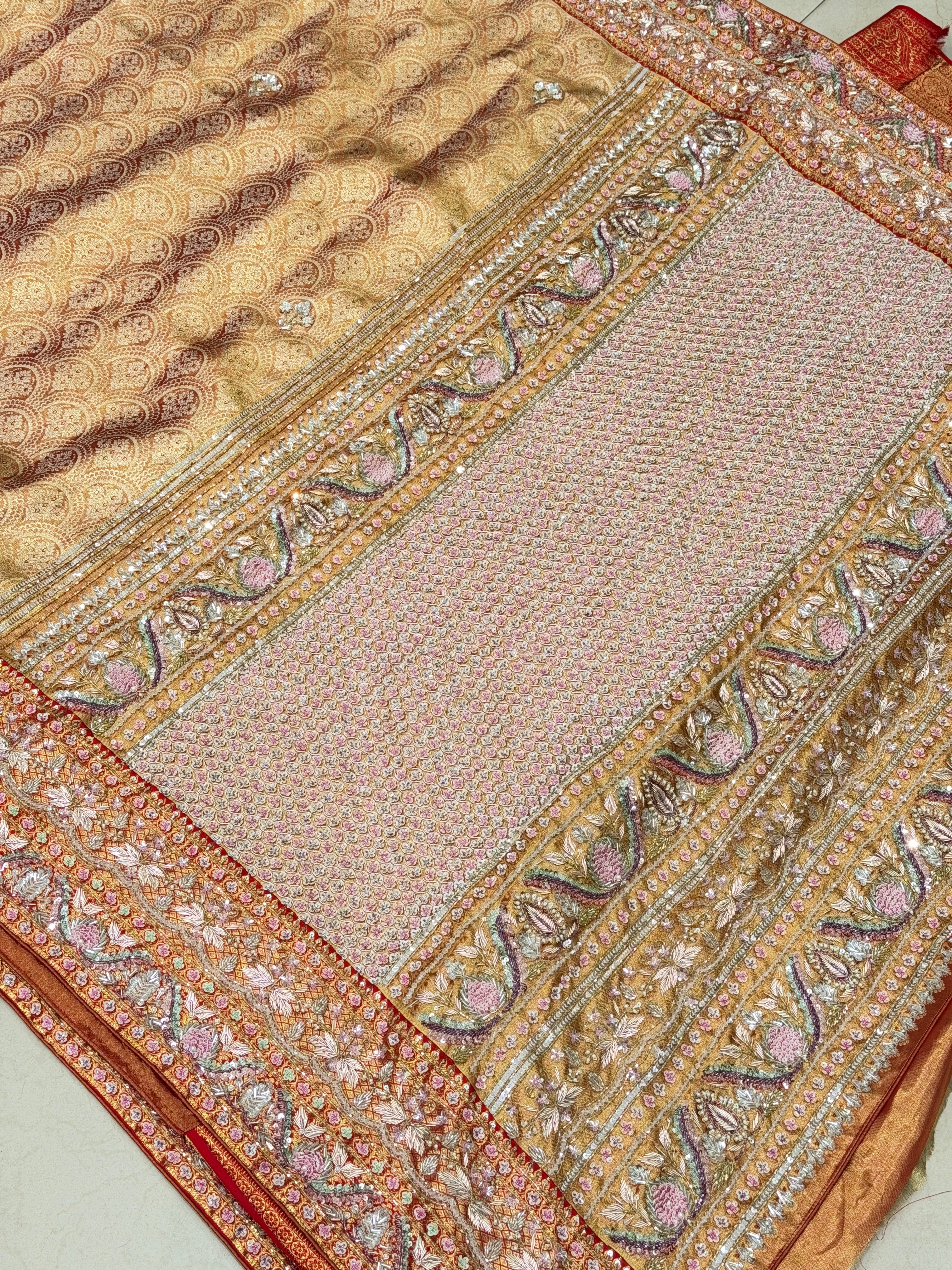 Red Jaal Tissue Kanjivaram Hand Embroidery Saree