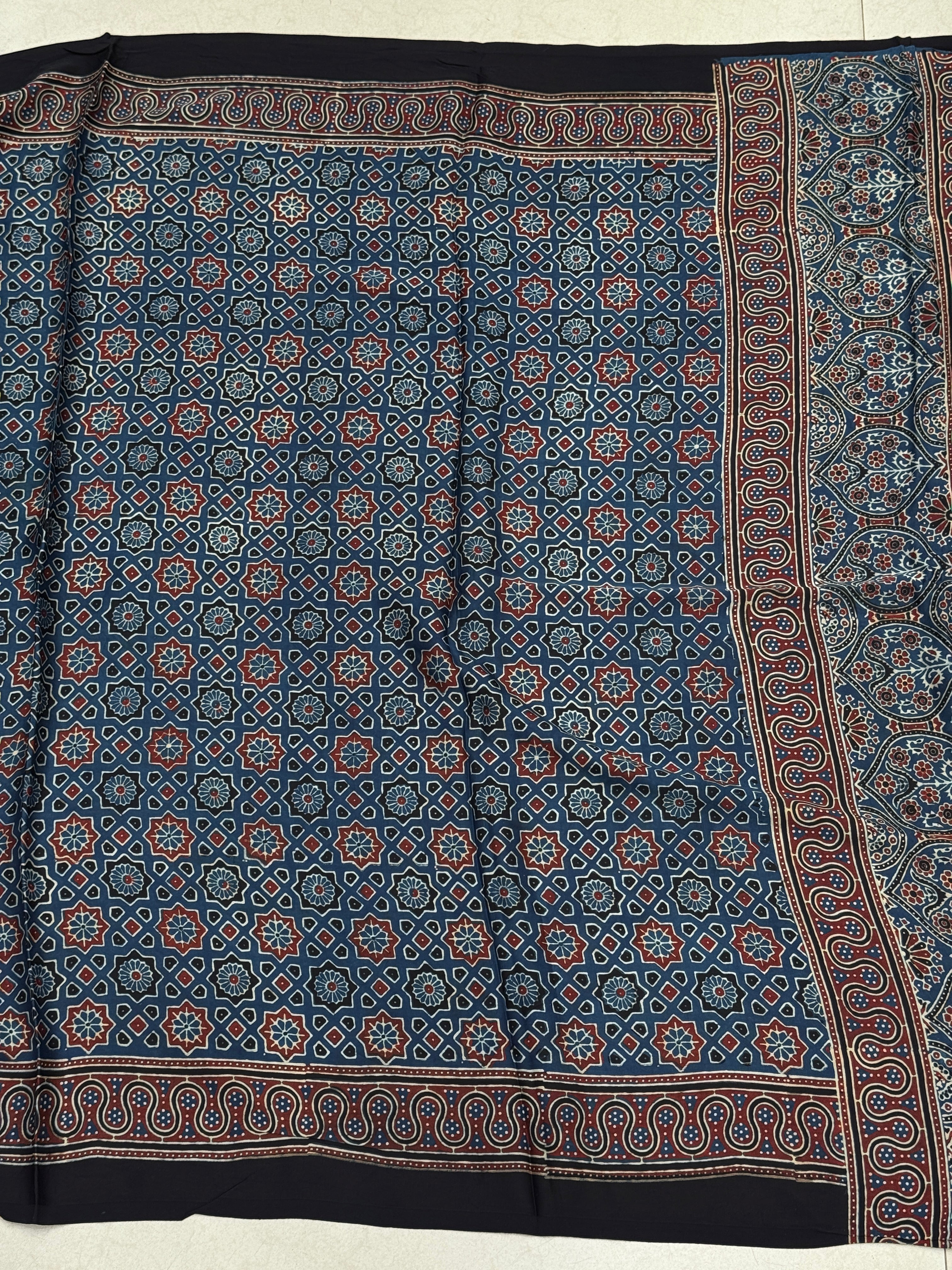 Blue Star Hand Block Print Ajrkah Pure Gajji Silk Saree