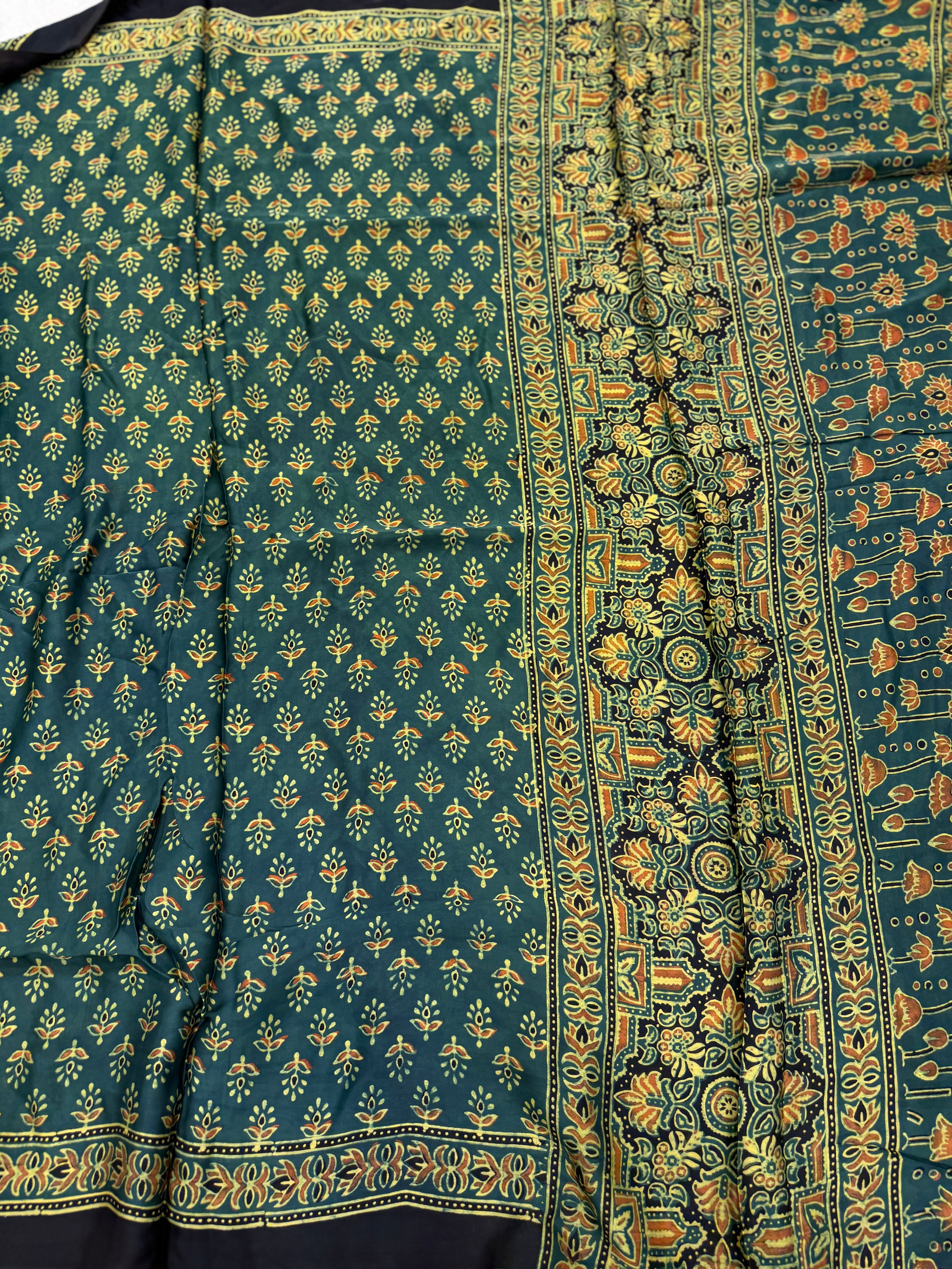 Green Buttis Ajrakh Hand Block Print Pure Gajji Silk Saree